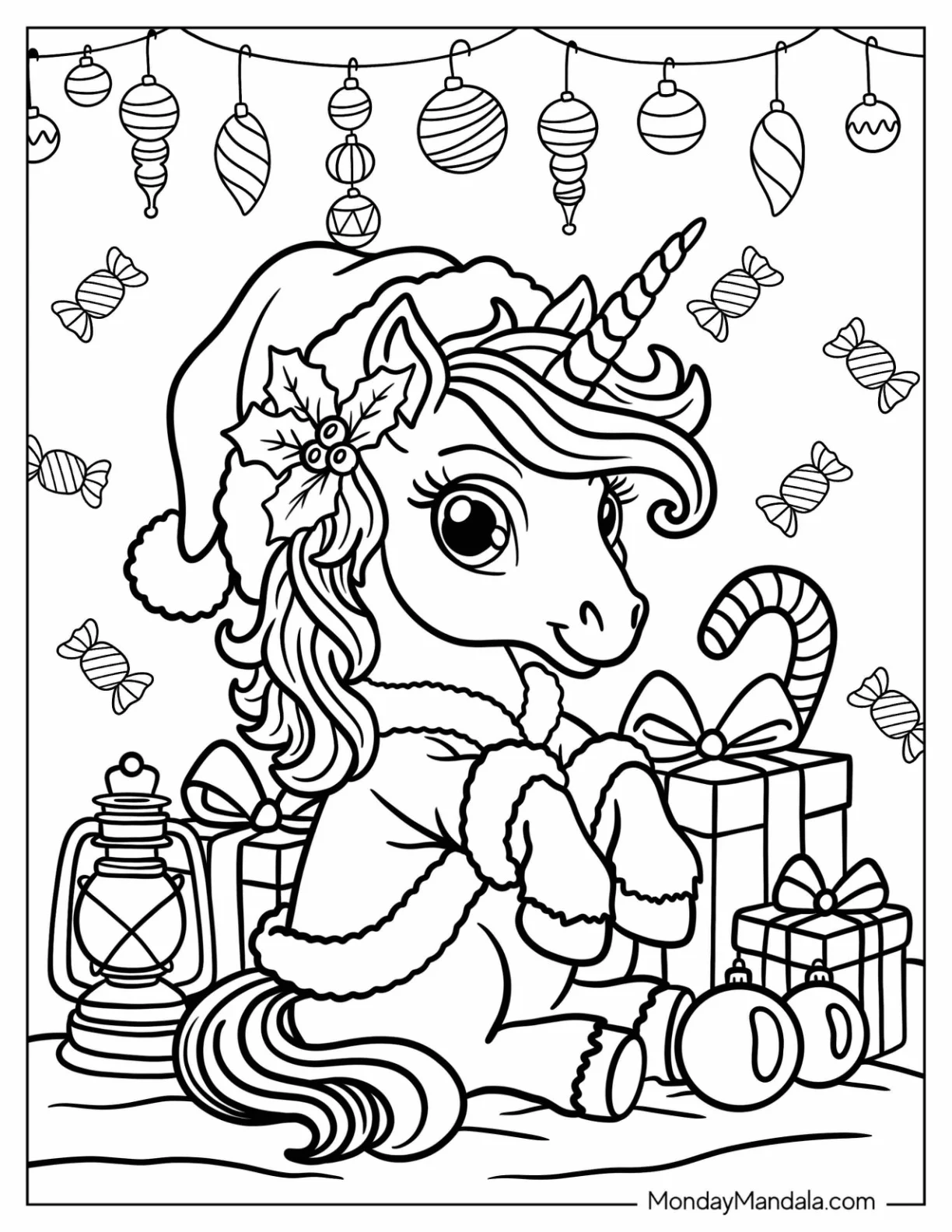 Tiny Christmas Unicorn Coloring Page in Santa Hat Sitting Next to Presents and Candies coloring page