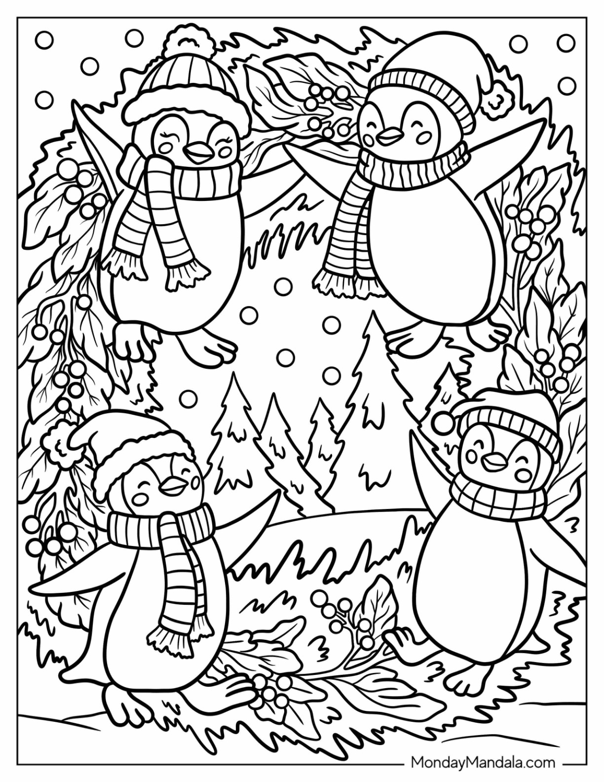 Adorable Penguins On A Christmas Wreath Coloring Page coloring page