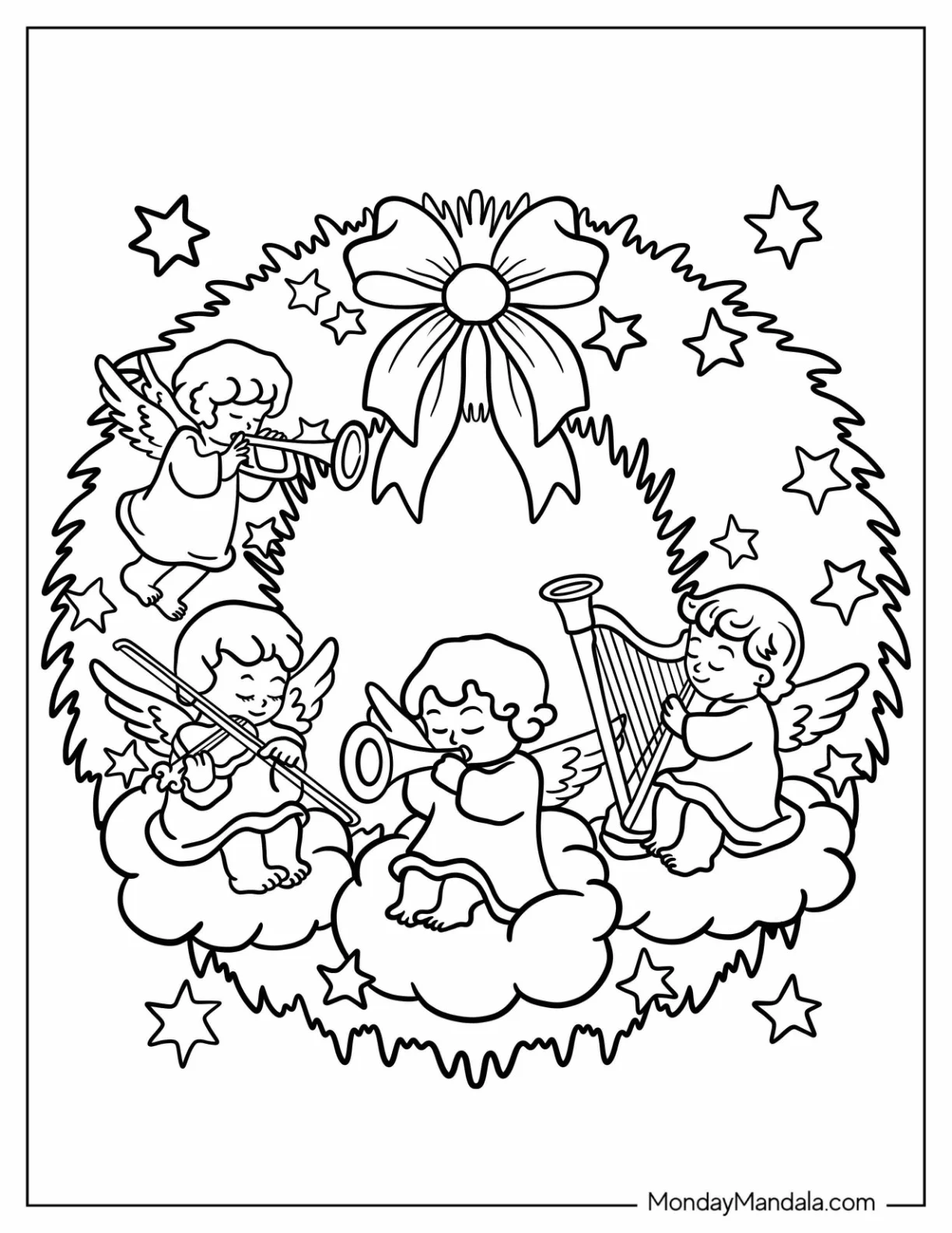 Angels With Trumpets On A Christmas Wreath Coloring Page For Kids coloring page