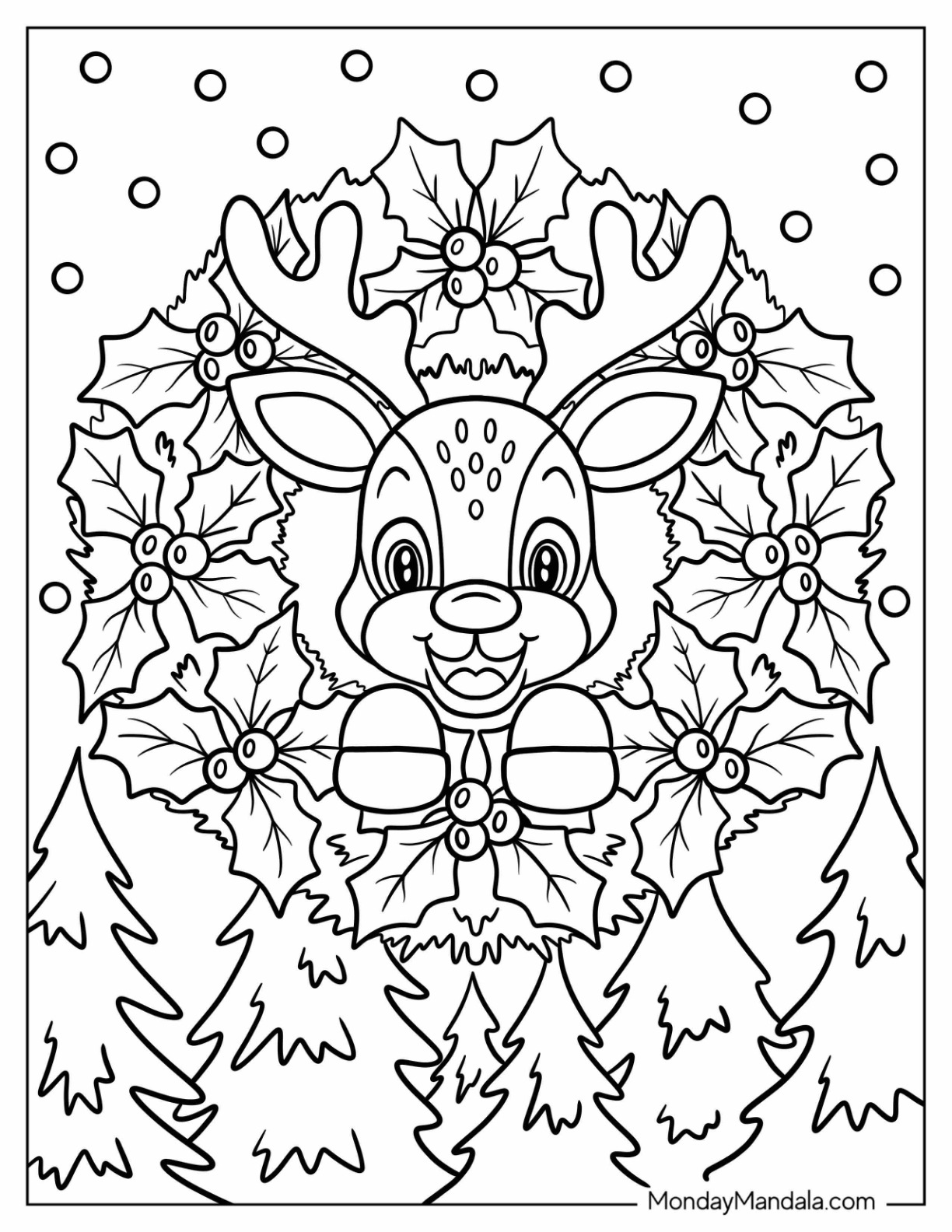 Baby Rudolph In The Middle Of A Christmas Wreath Coloring Page For Kids coloring page