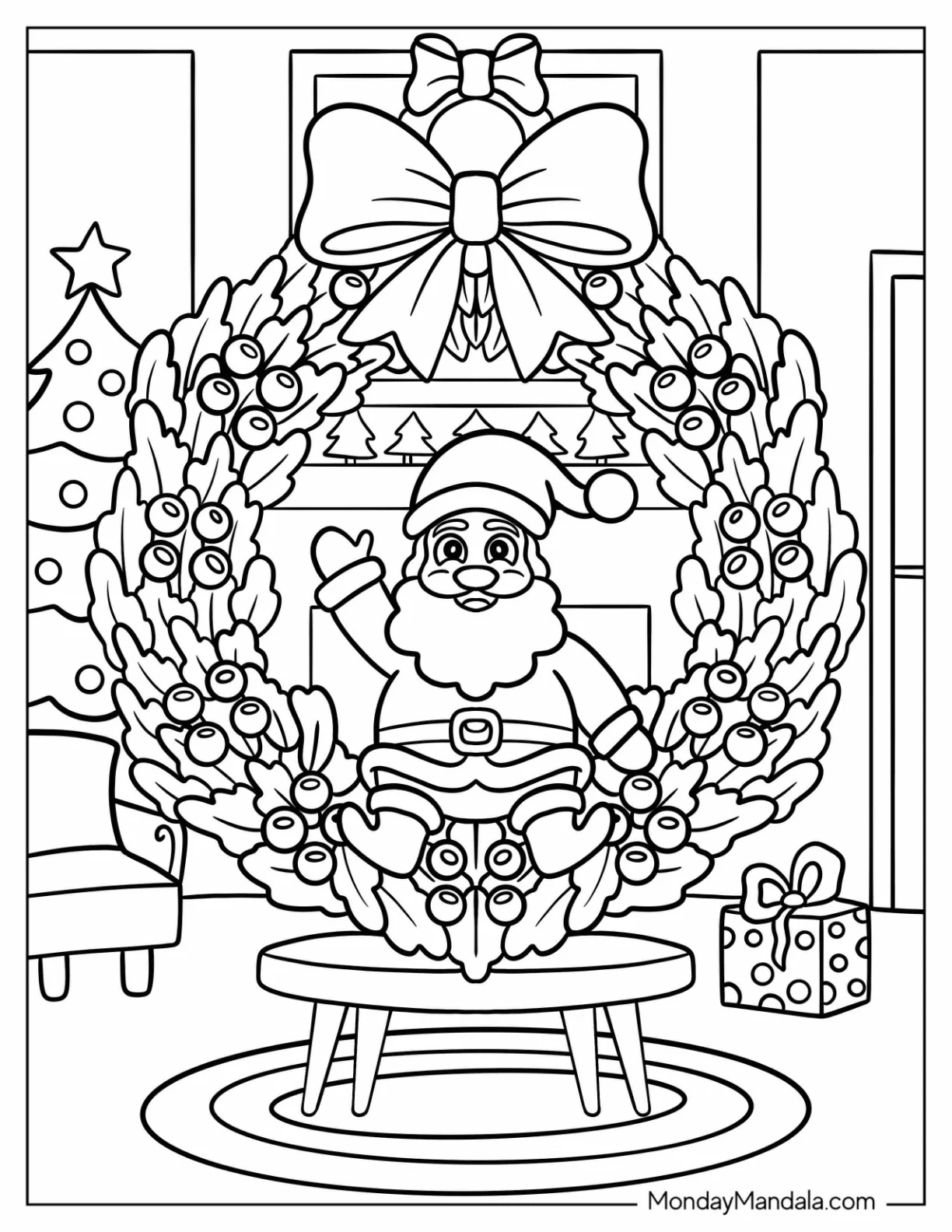 Chibi Santa Claus Sitting Inside A Christmas Wreath Coloring Page For Kids coloring page