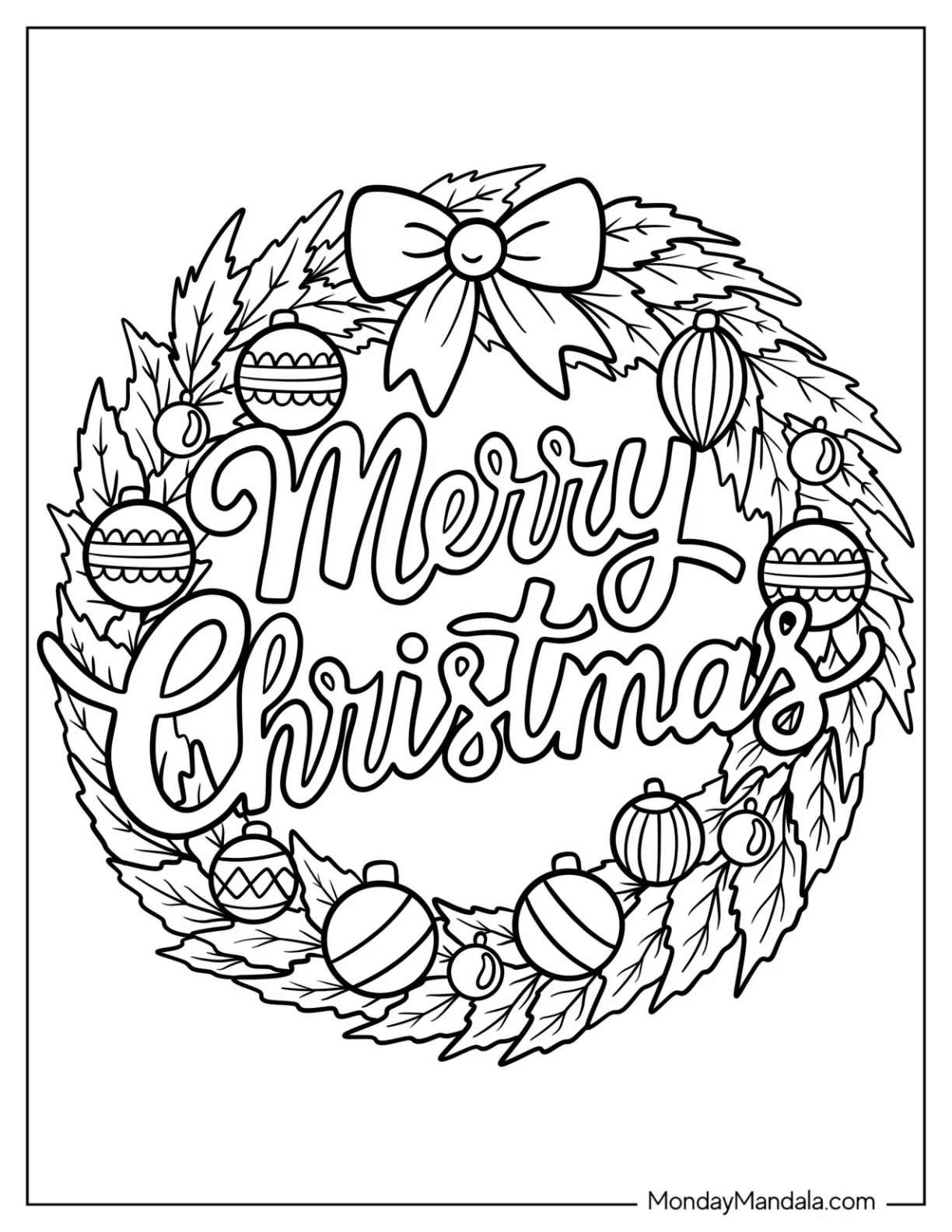 Christmas Wreath Coloring Page With Bauble Decor coloring page
