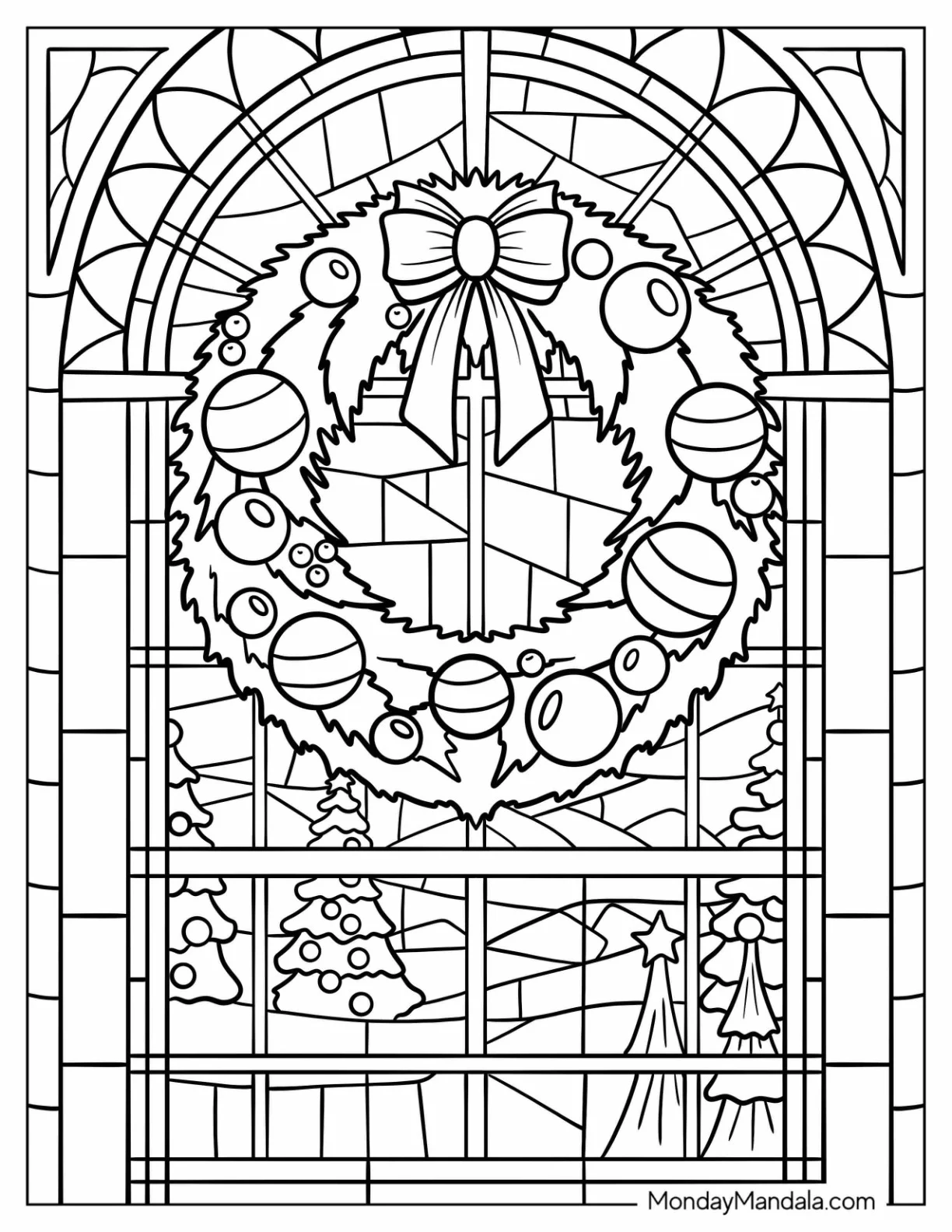 Christmas Wreath Coloring Page With Baubles On A Stained Glass coloring page