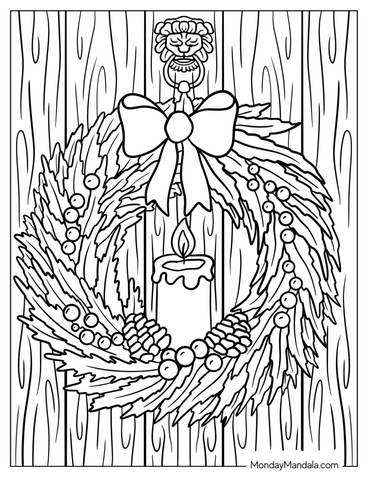 Christmas Wreath Coloring Page With Bow And Candle coloring page