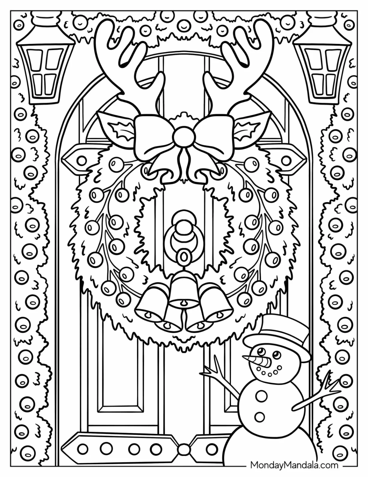 Christmas Wreath Coloring Page With Reindeer Ears coloring page