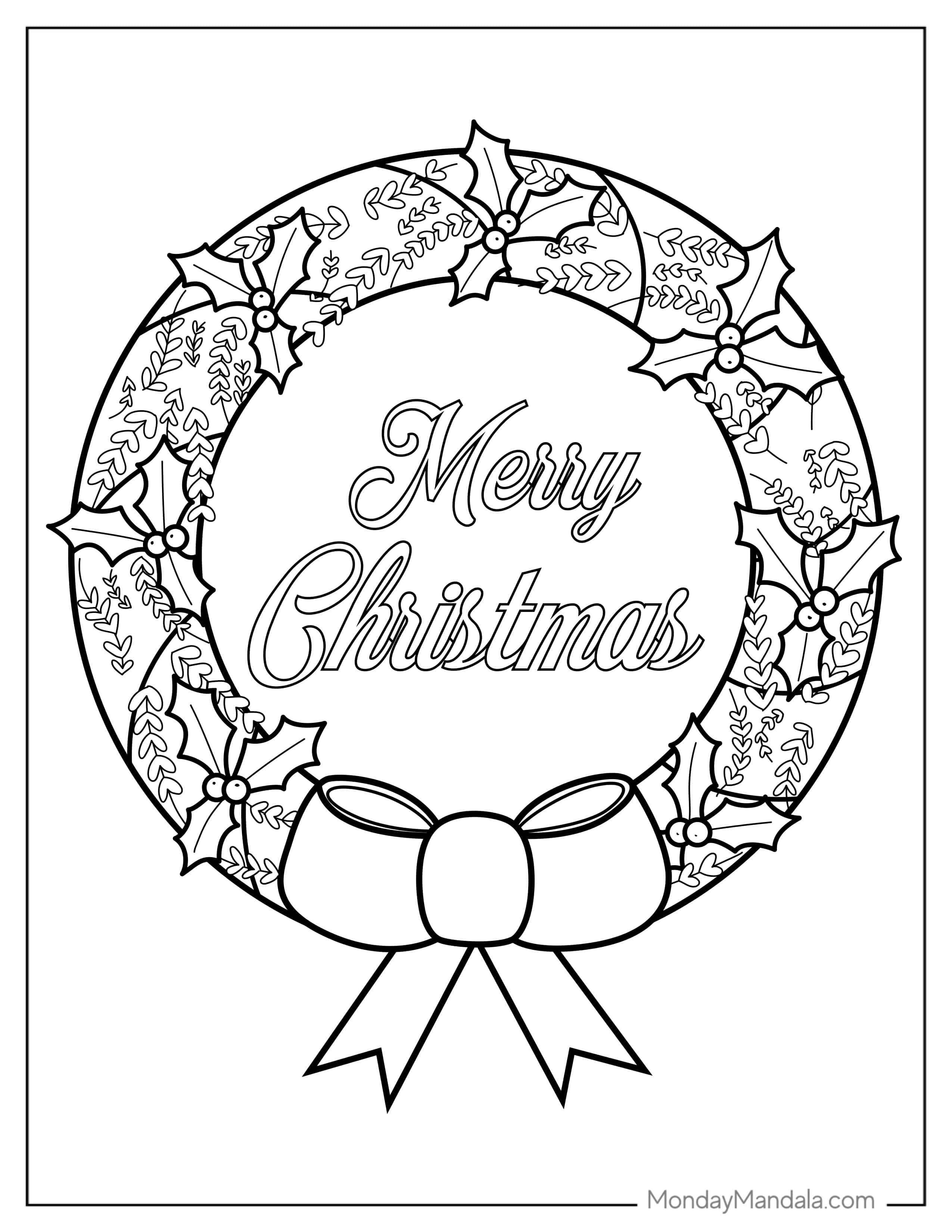 Christmas Wreath With Pine And Mistletoe To Color coloring page