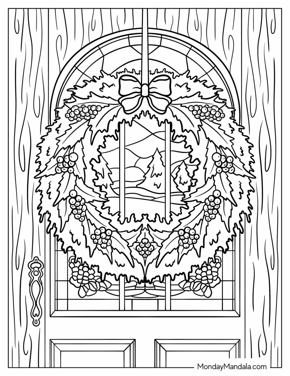 Detailed Christmas Wreath Coloring Page With Hollies On A Front Door coloring page