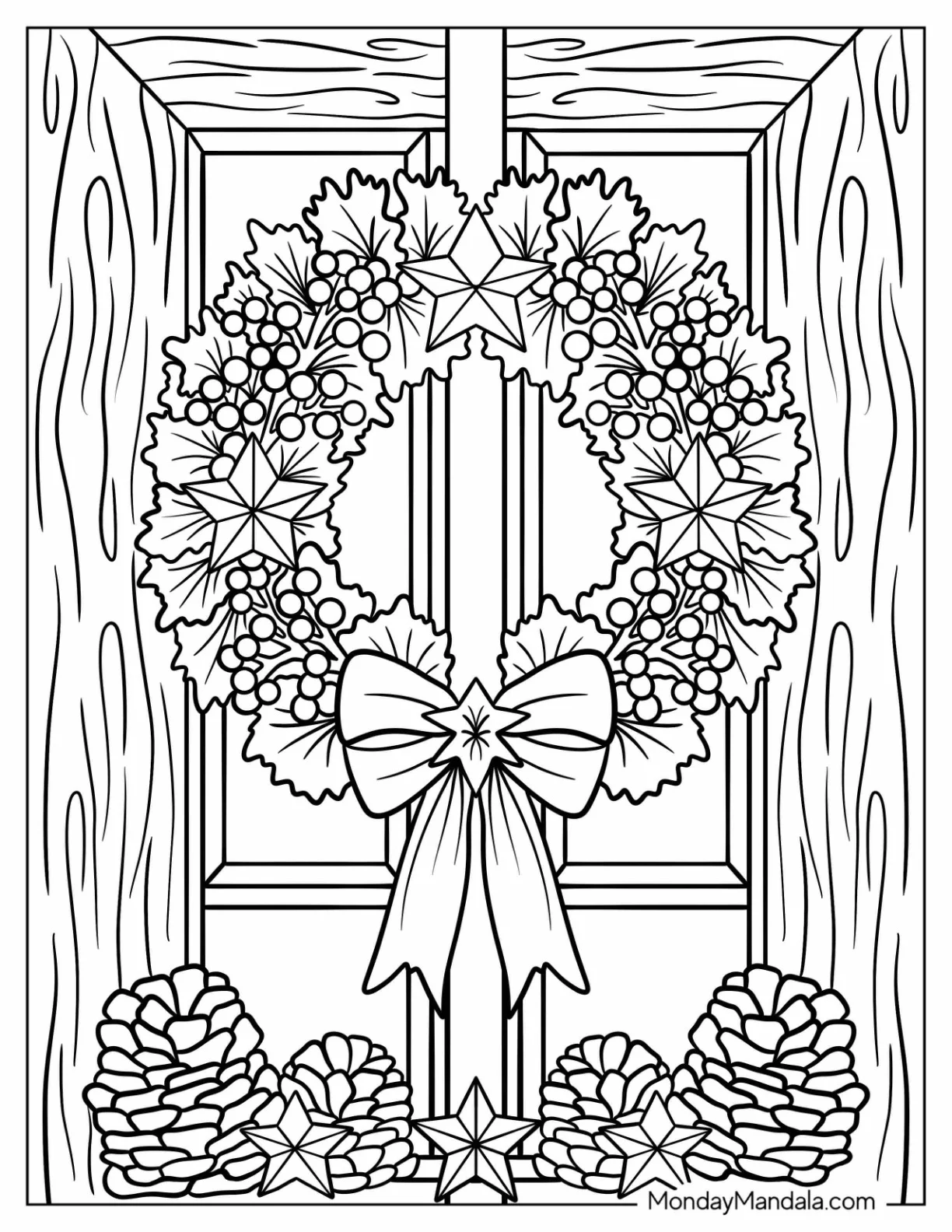 Festive Christmas Wreath Coloring Page With Bow And Hollies On The Front Door coloring page