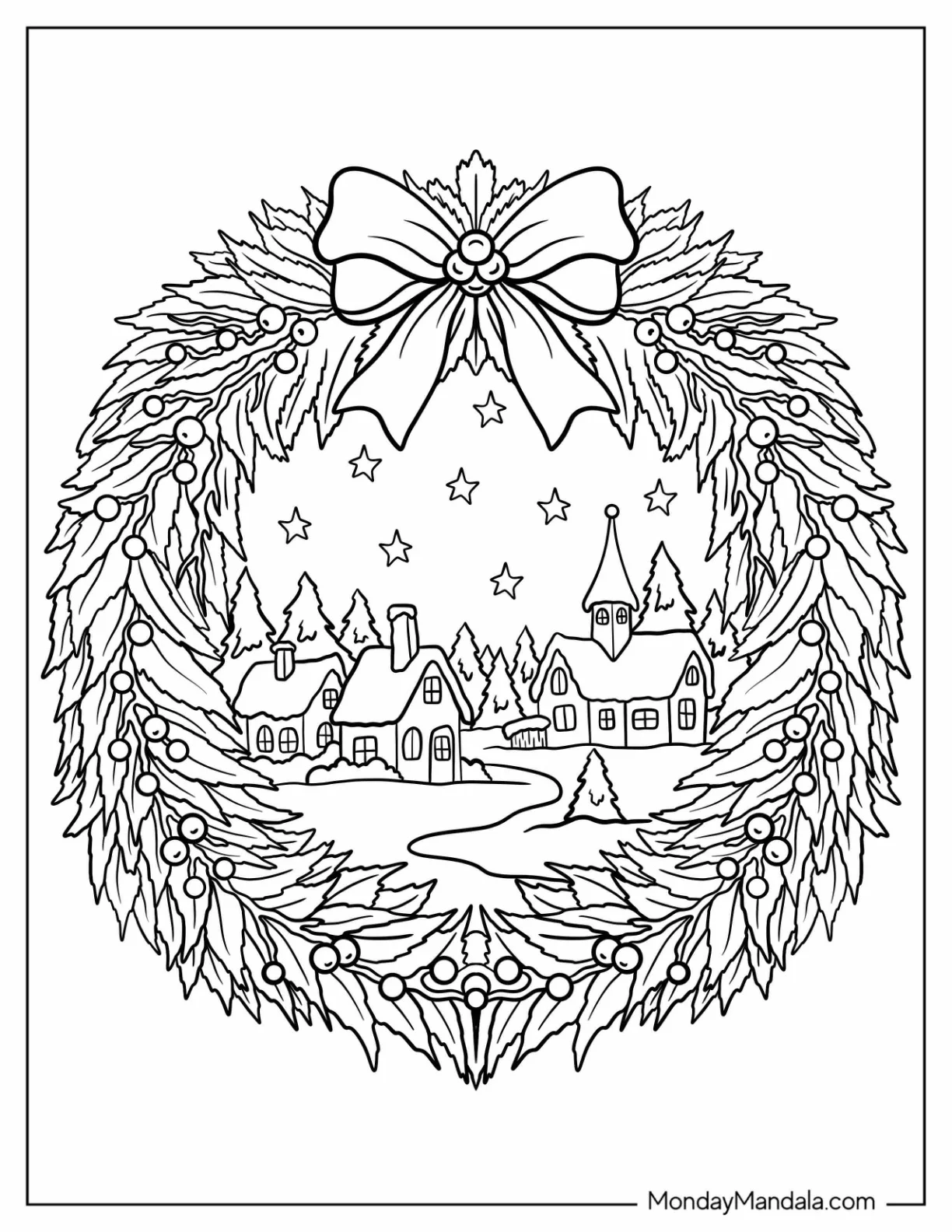Festive Christmas Wreath Coloring Page With Bow And Winter Wonderland Scene coloring page