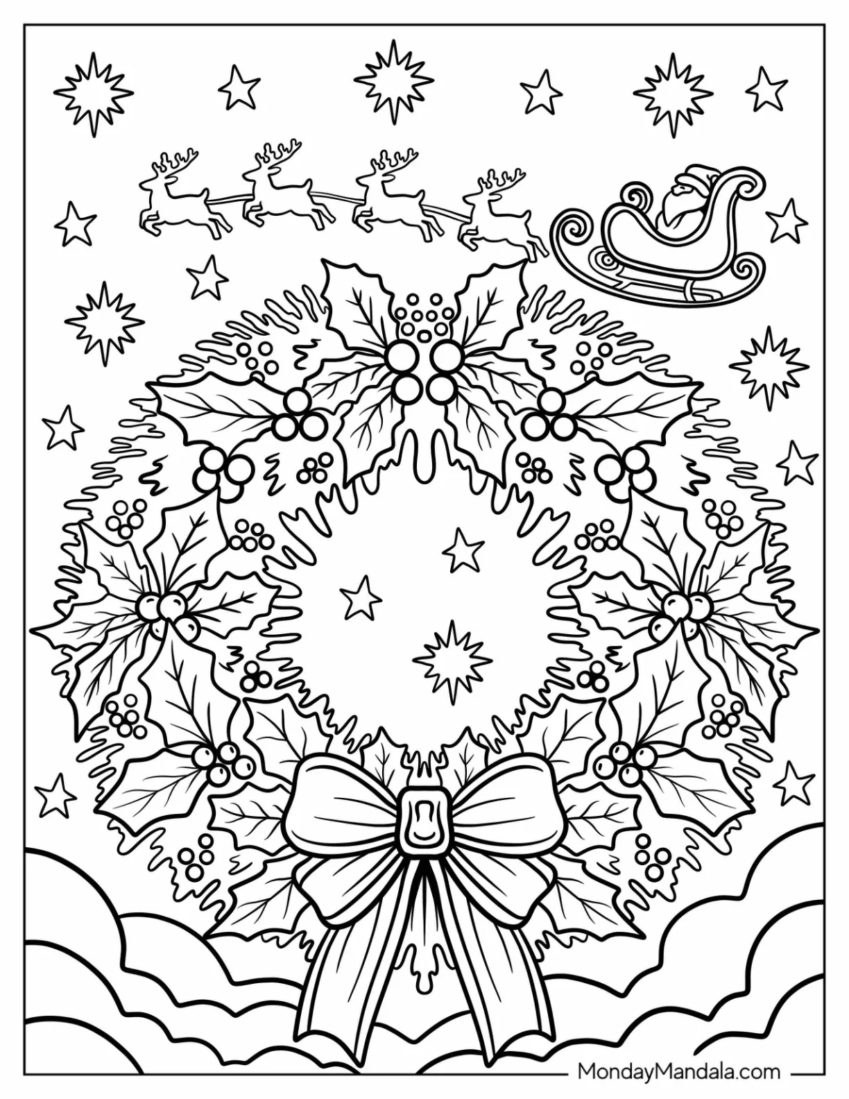 Jolly Christmas Wreath Coloring Page In The Night Sky coloring page