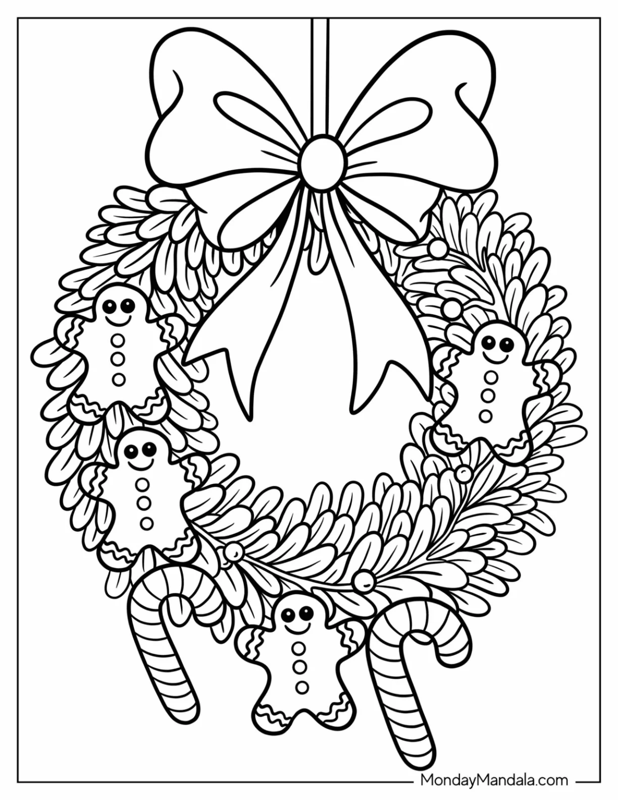 Kawaii Christmas Wreath Coloring Page With Large Bow And Gingerbread Men coloring page