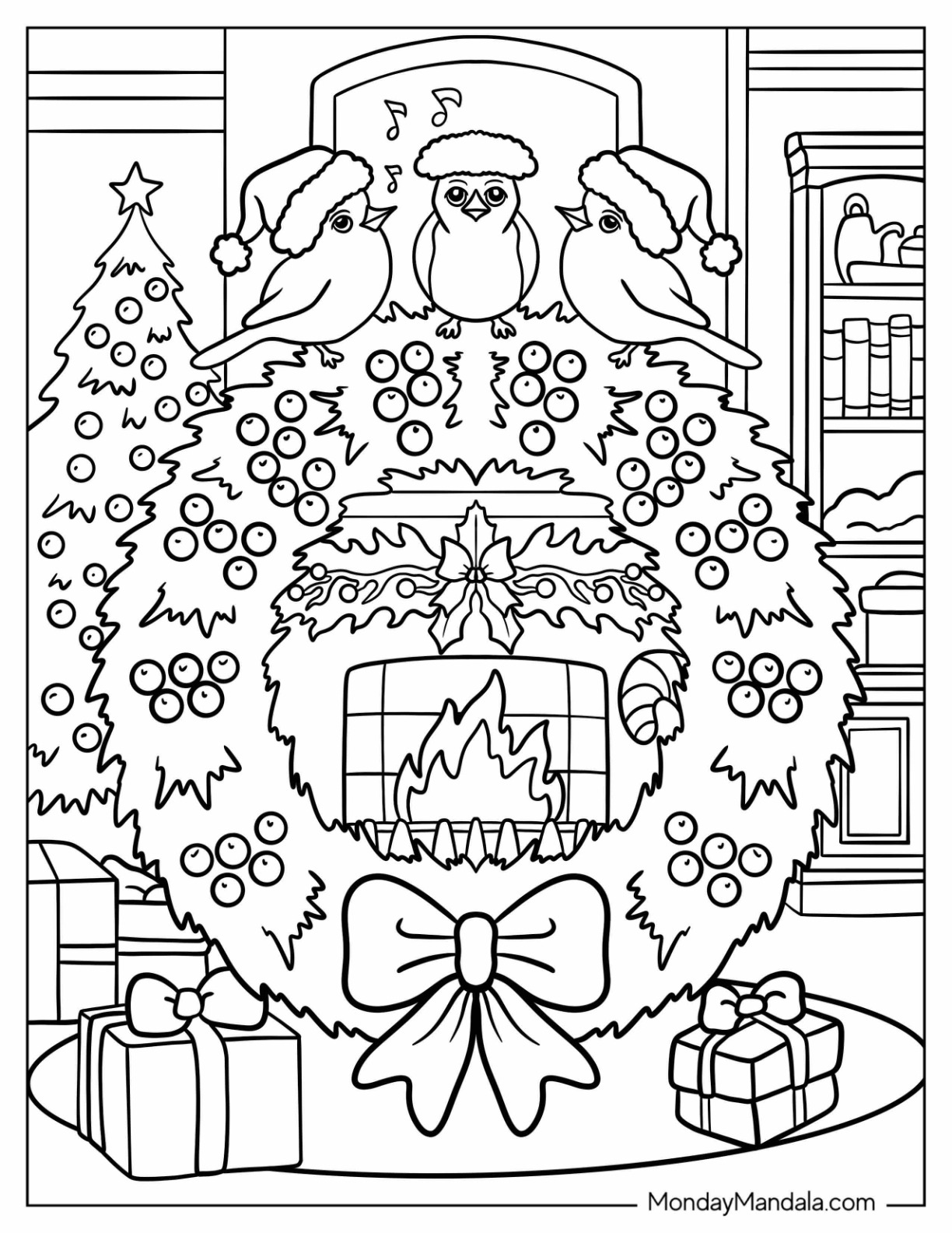 Large Christmas Wreath Coloring Page Over A Fireplace coloring page