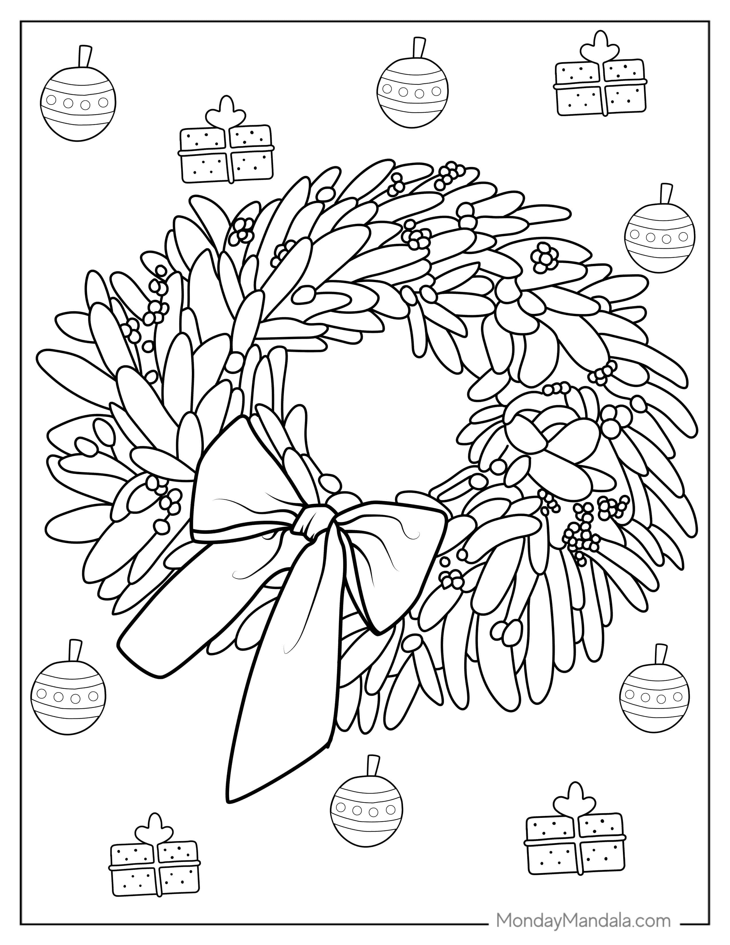 Mistletoe Wreath With Ornaments And Presents To Color coloring page