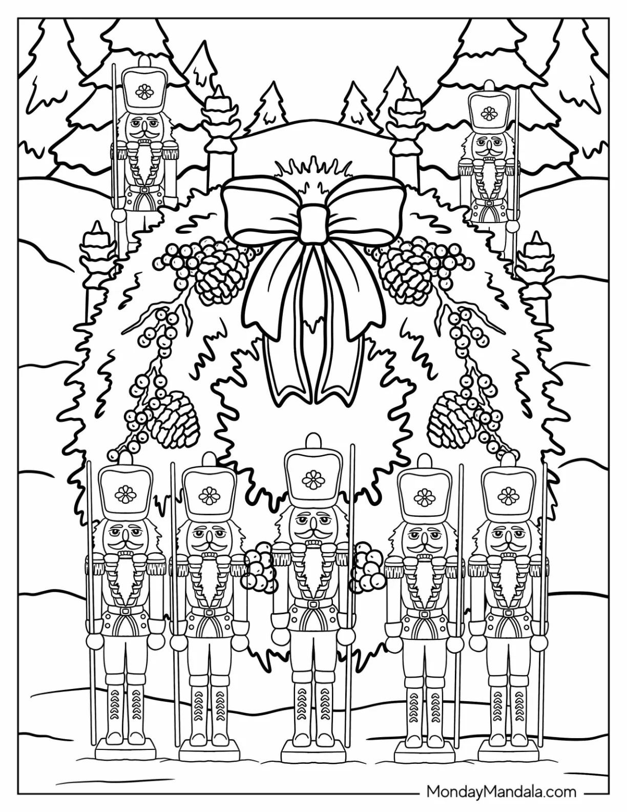 Nutcrackers Surrounding A Christmas Wreath Coloring Page coloring page