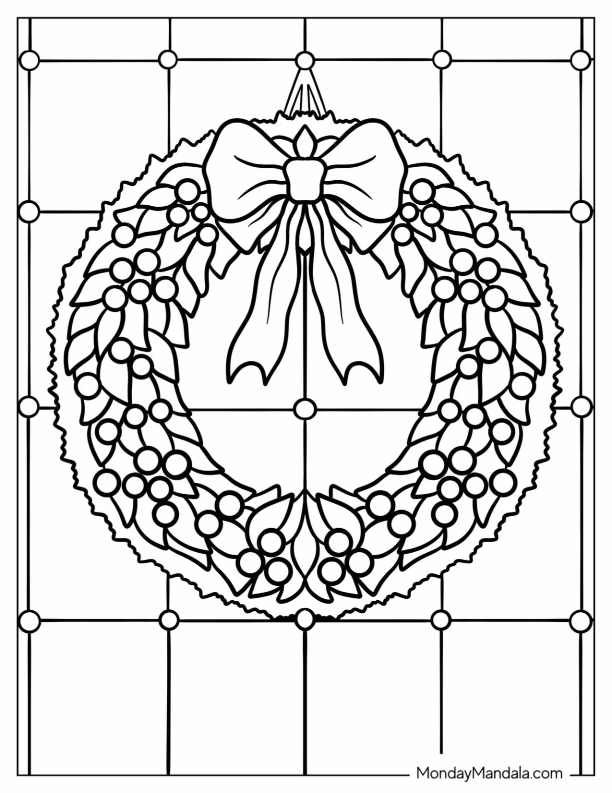 Pretty Christmas Wreath Coloring Page With Hollies And A Bow coloring page