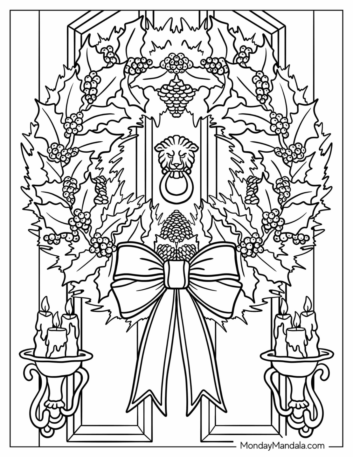 Realistic Christmas Wreath Coloring Page On The Front Door coloring page