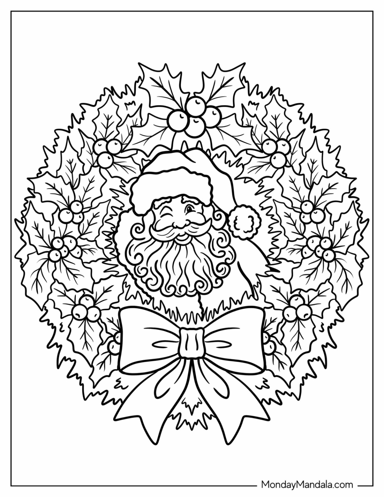 Santa Clause Winking From Inside A Christmas Wreath Coloring Page For Kids coloring page
