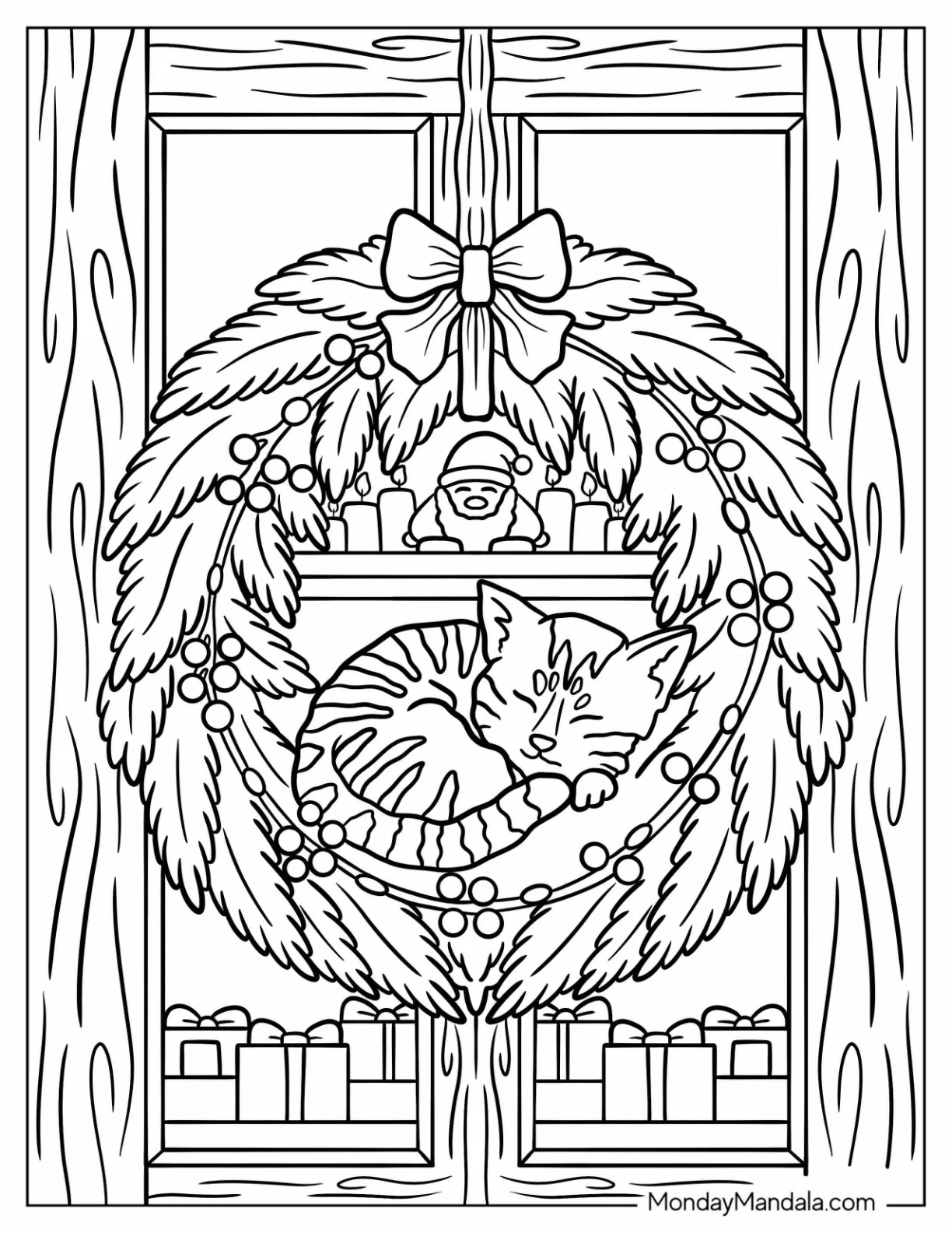 Tabby Cat Sleeping Inside A Christmas Wreath Coloring Page coloring page