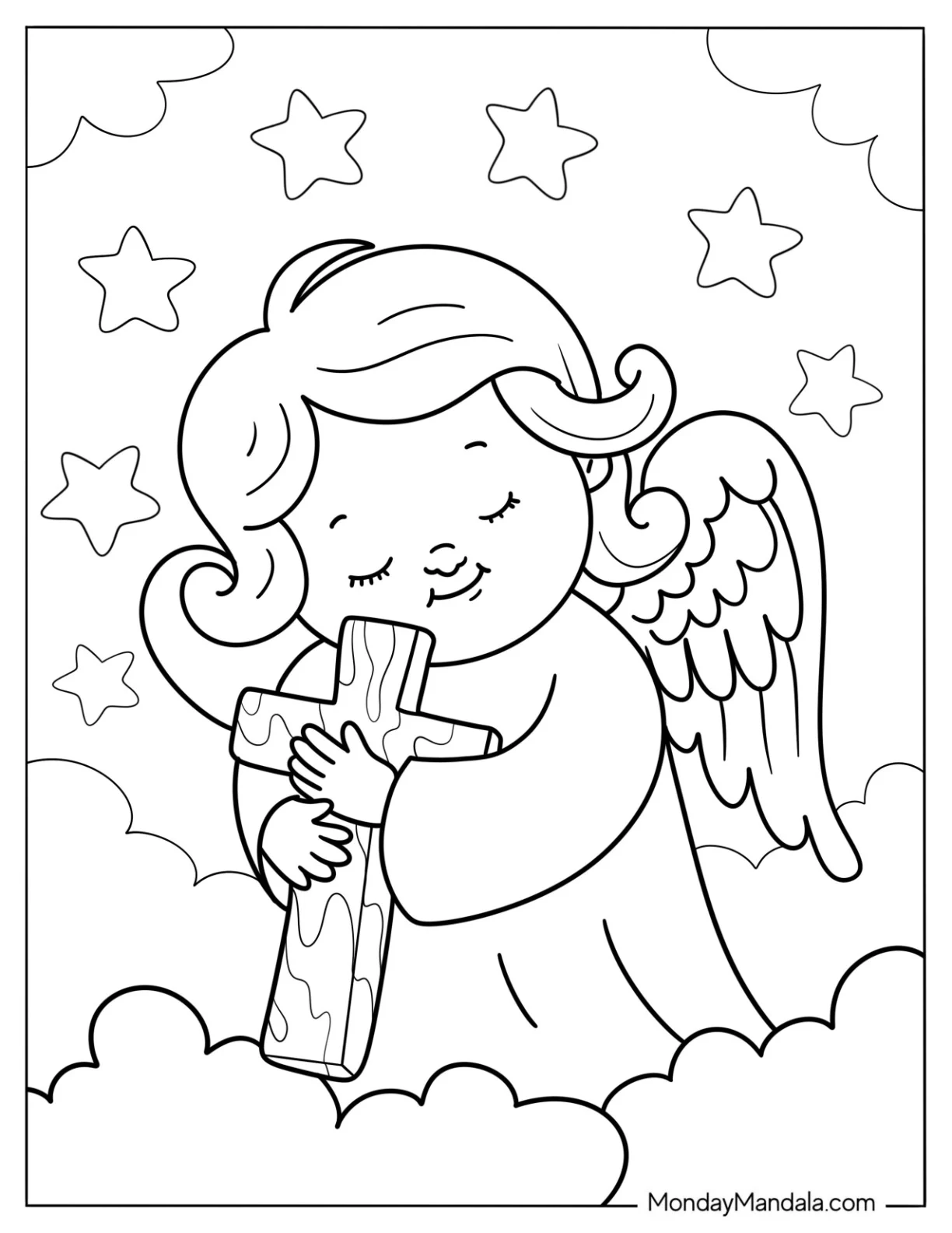 Adorable Angel Hugging A Cross In The Sky Coloring Sheet For Kids coloring page