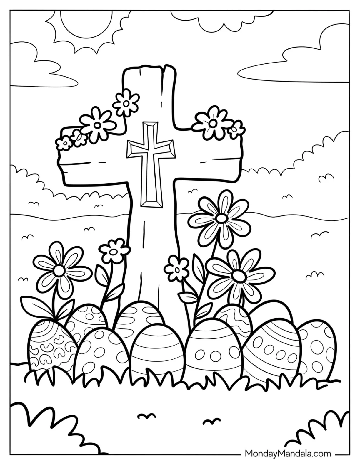 Cross Coloring Page Covered In Wildflowers On A Field coloring page — printable line art