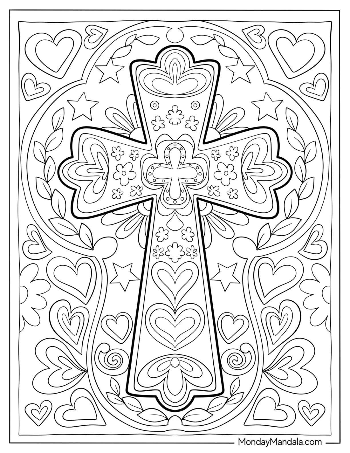 Cross Coloring Page With Love Hearts And Floral Details coloring page