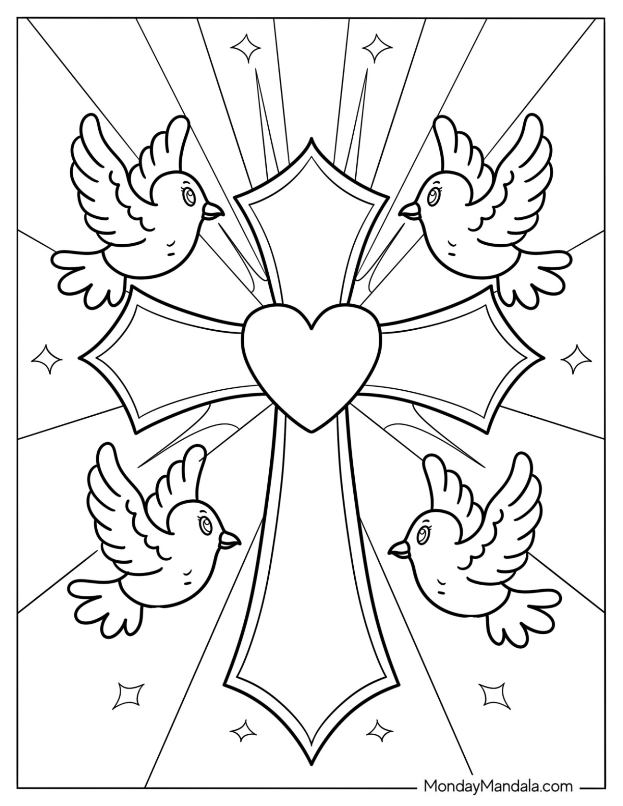 Cute Little Birds Surrounding A Cross Coloring Page For Kids coloring page — printable line art