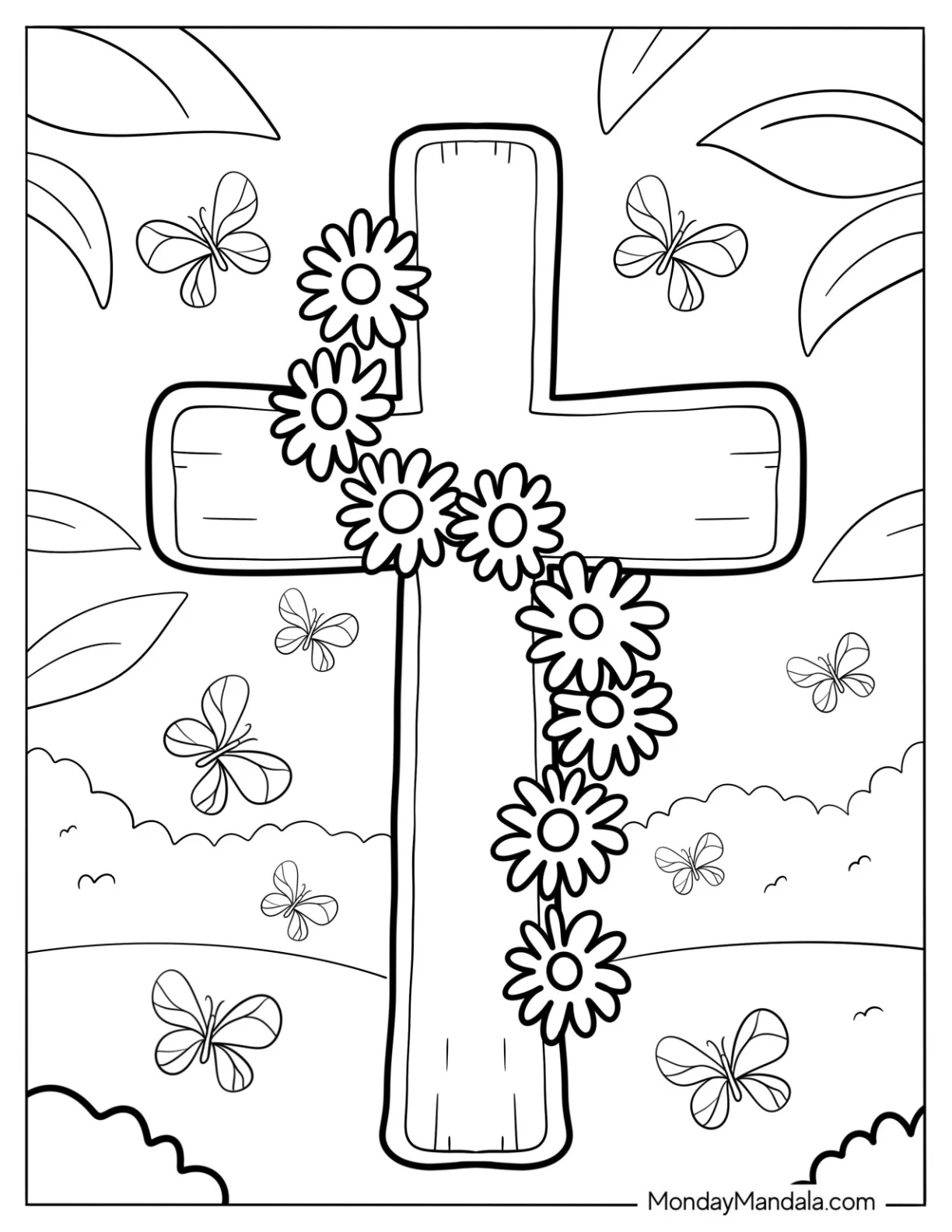 Daises Over A Wooden Cross Coloring Page In Nature For Kids coloring page — printable line art