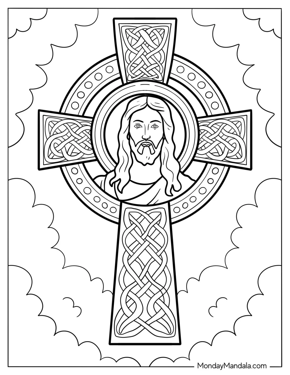 Detailed Celtic Cross Coloring Page In The Clouds With Jesus At The Center coloring page — printable line art
