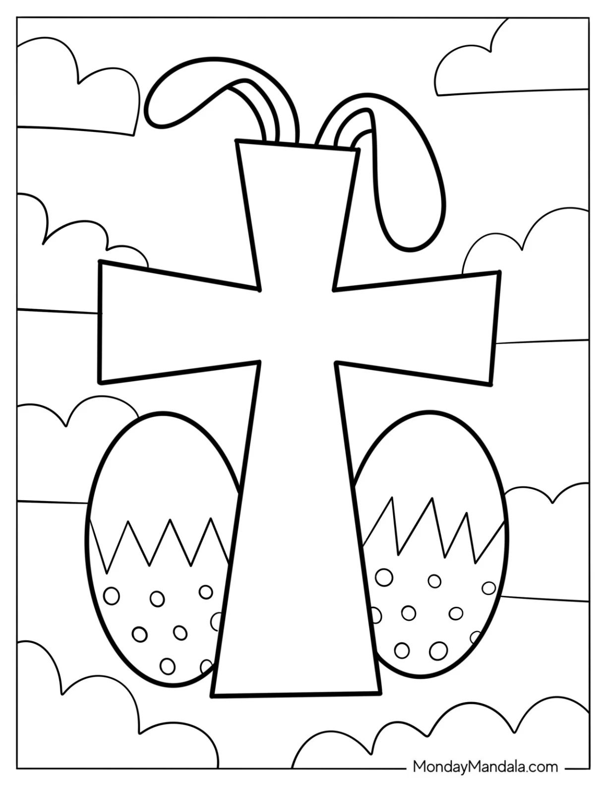Easter Cross Coloring Page With Bunny Ears And Eggs For Preschoolers coloring page