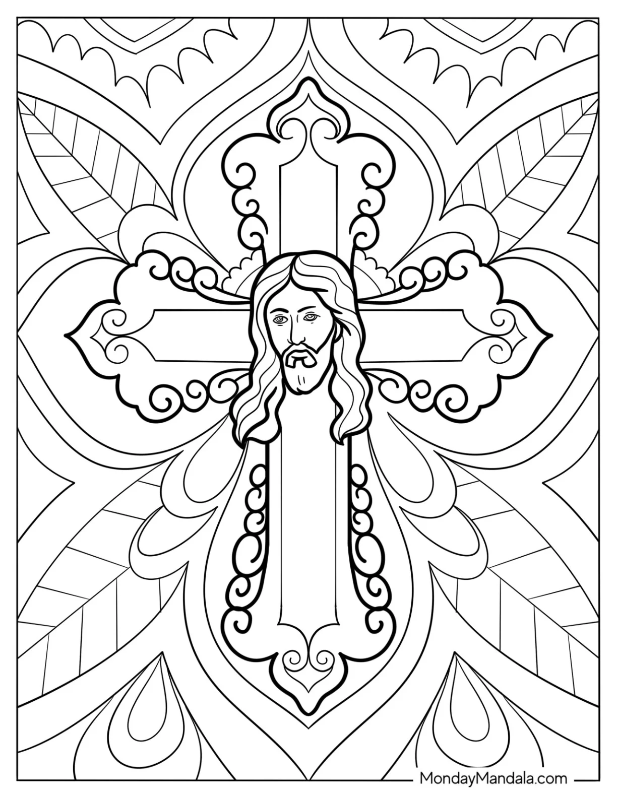 Elegant Cross Coloring Page With Jesus s Face At The Center coloring page — printable line art