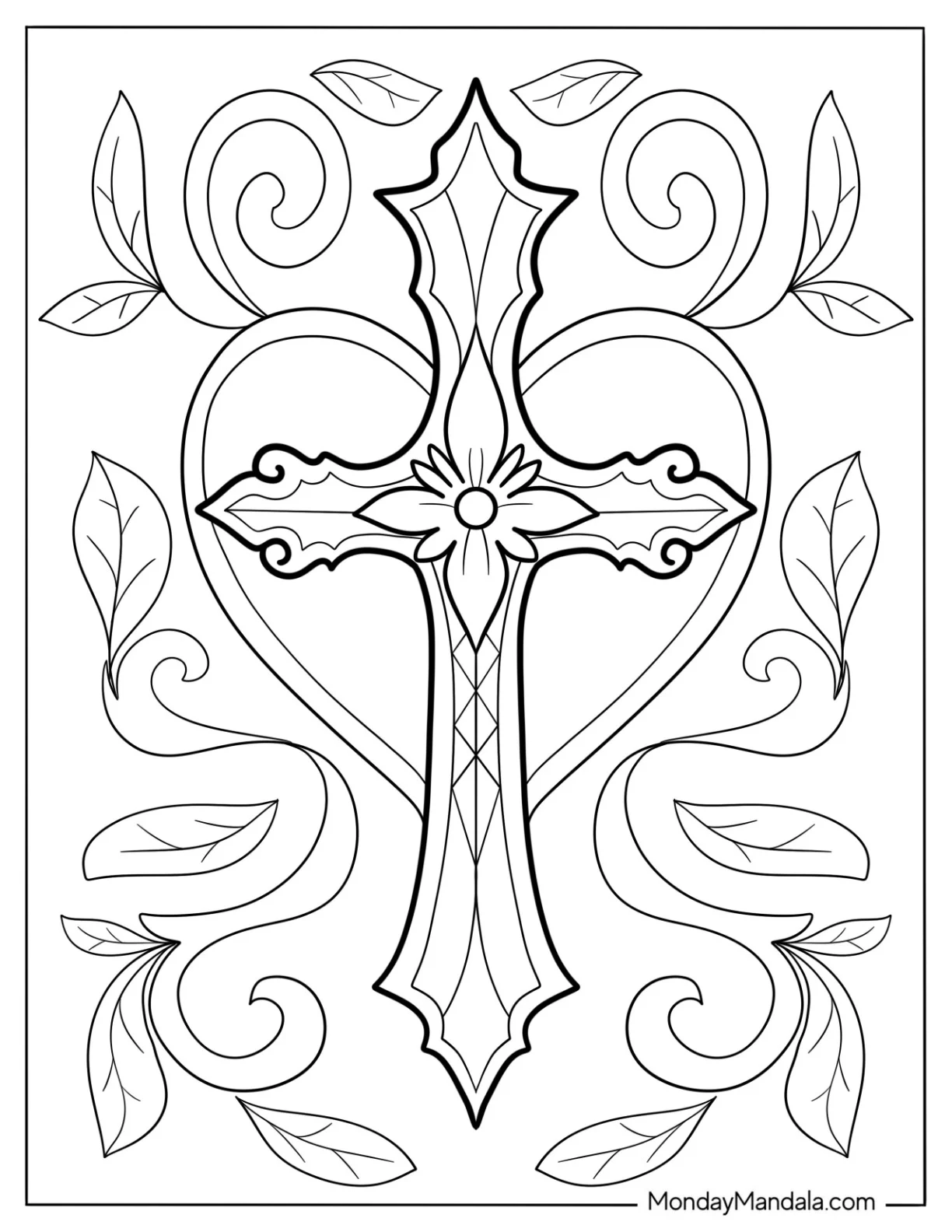 Fantasy Cross Coloring Page Framed With Lovely Leaves coloring page — printable line art