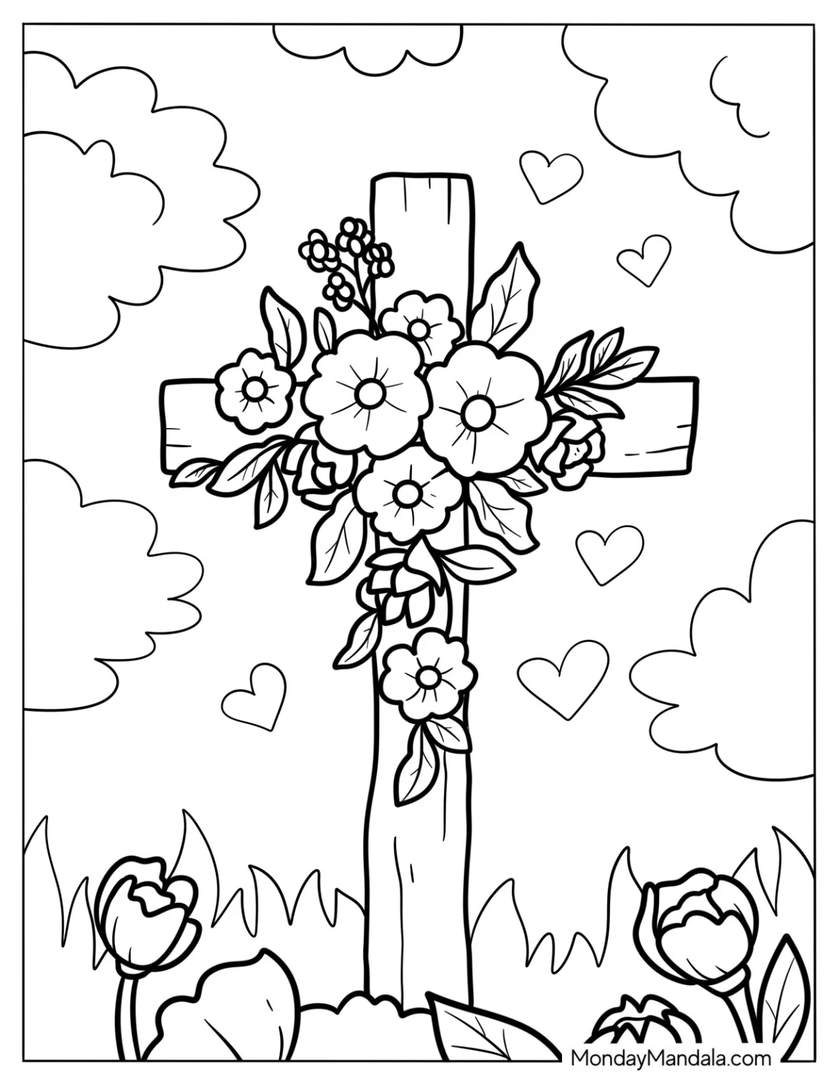 Floral Cross Coloring Page With Clouds In The Sky And Love Hearts coloring page — printable line art