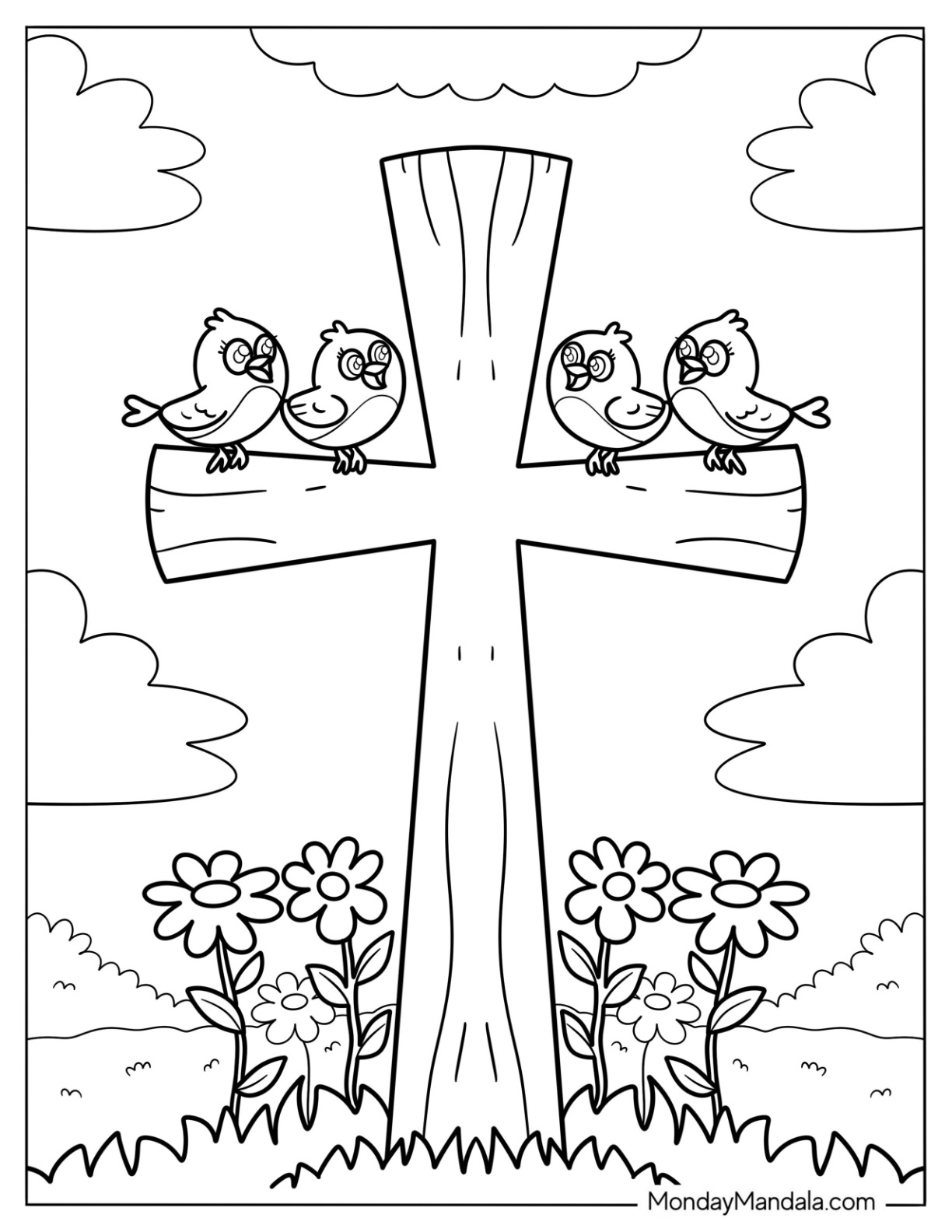 Four Birds Perched On A Cross Coloring Page coloring page