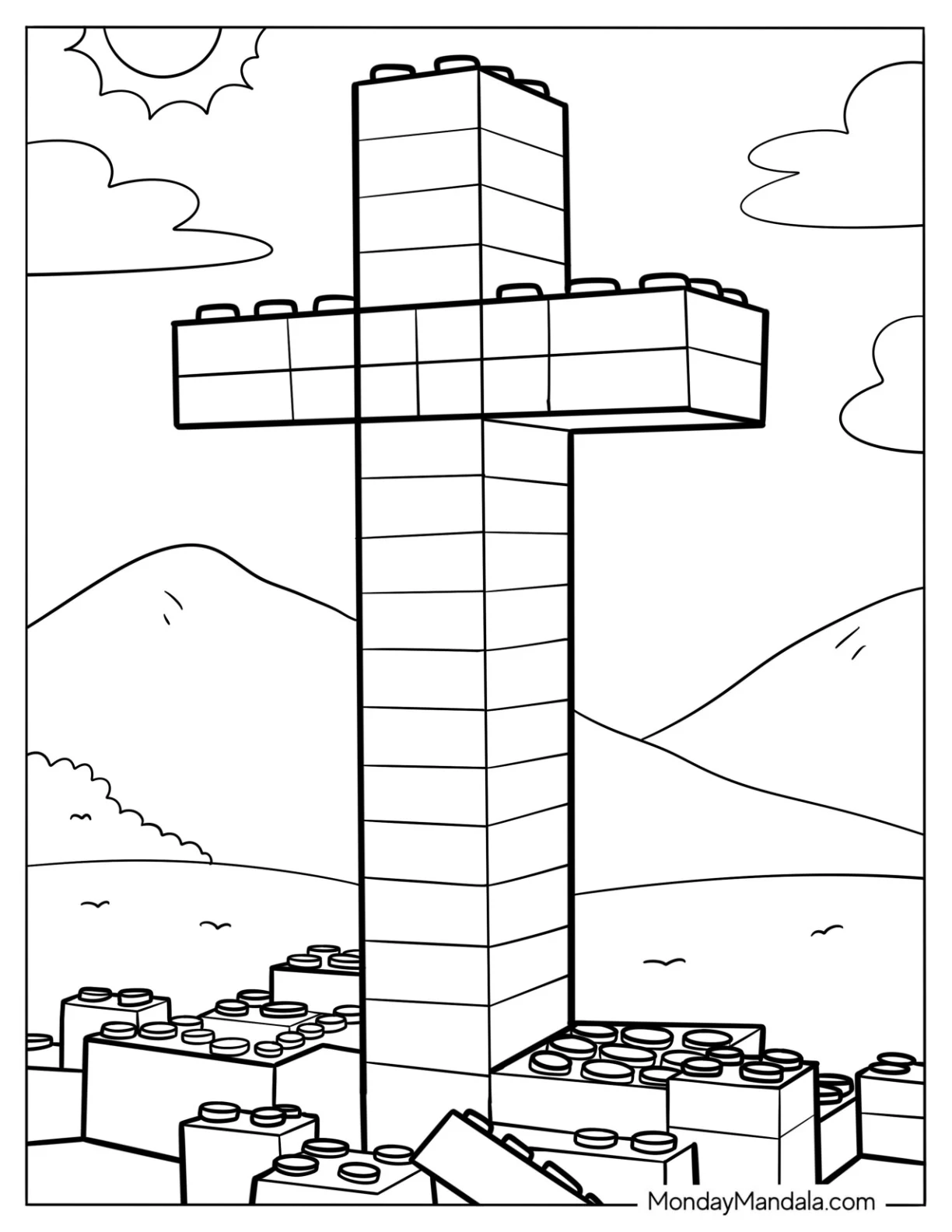 Fun Lego Cross Coloring Page For Kids coloring page — printable line art