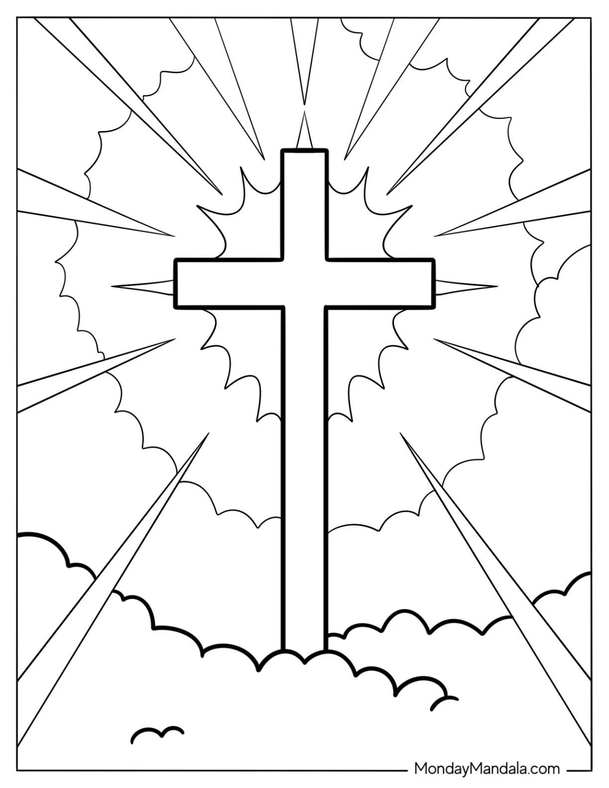 Glorious Cross Coloring Page With Rays Of Light For Kids coloring page