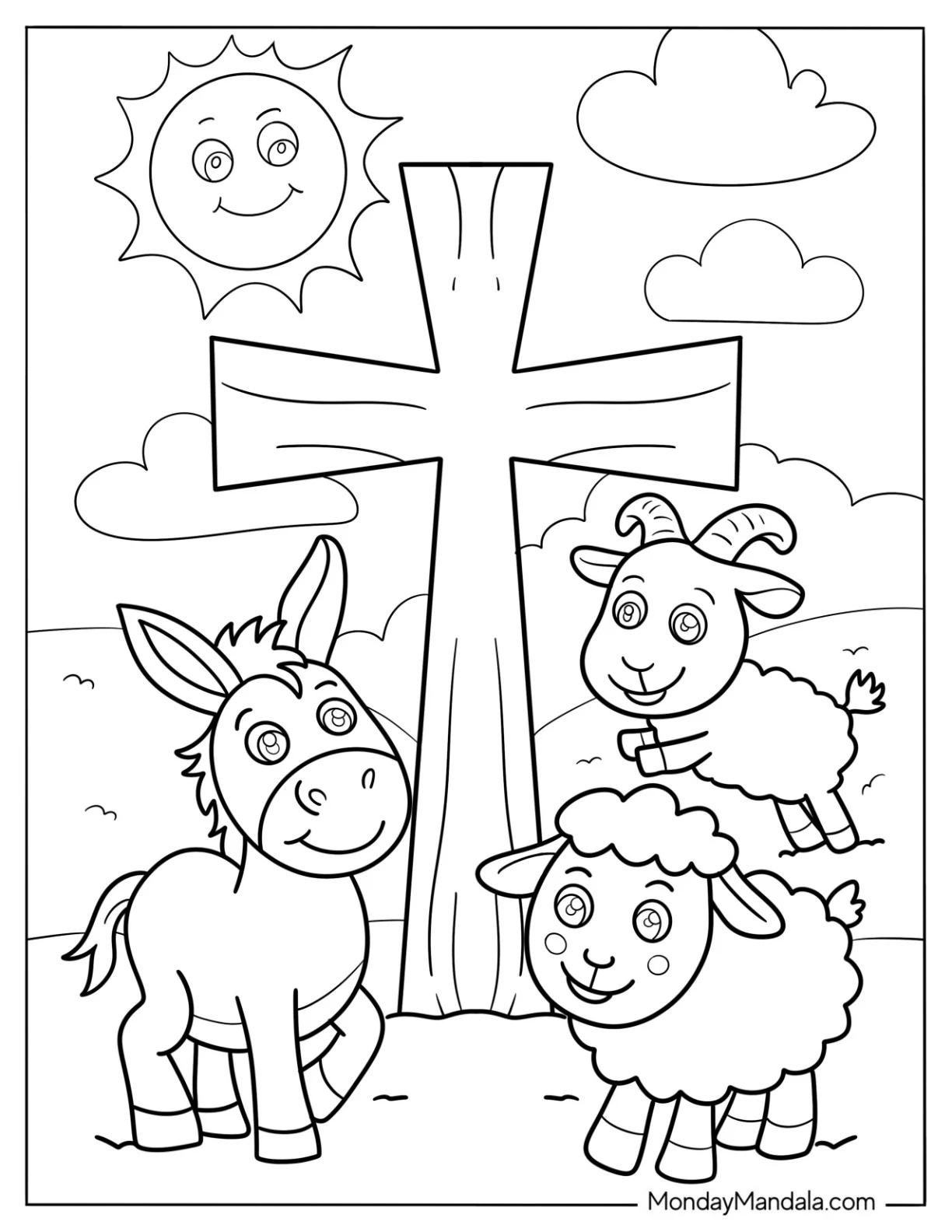 Goat, Lamb, And Donkey Under A Wooden Cross Coloring Page For Kids coloring page — printable line art