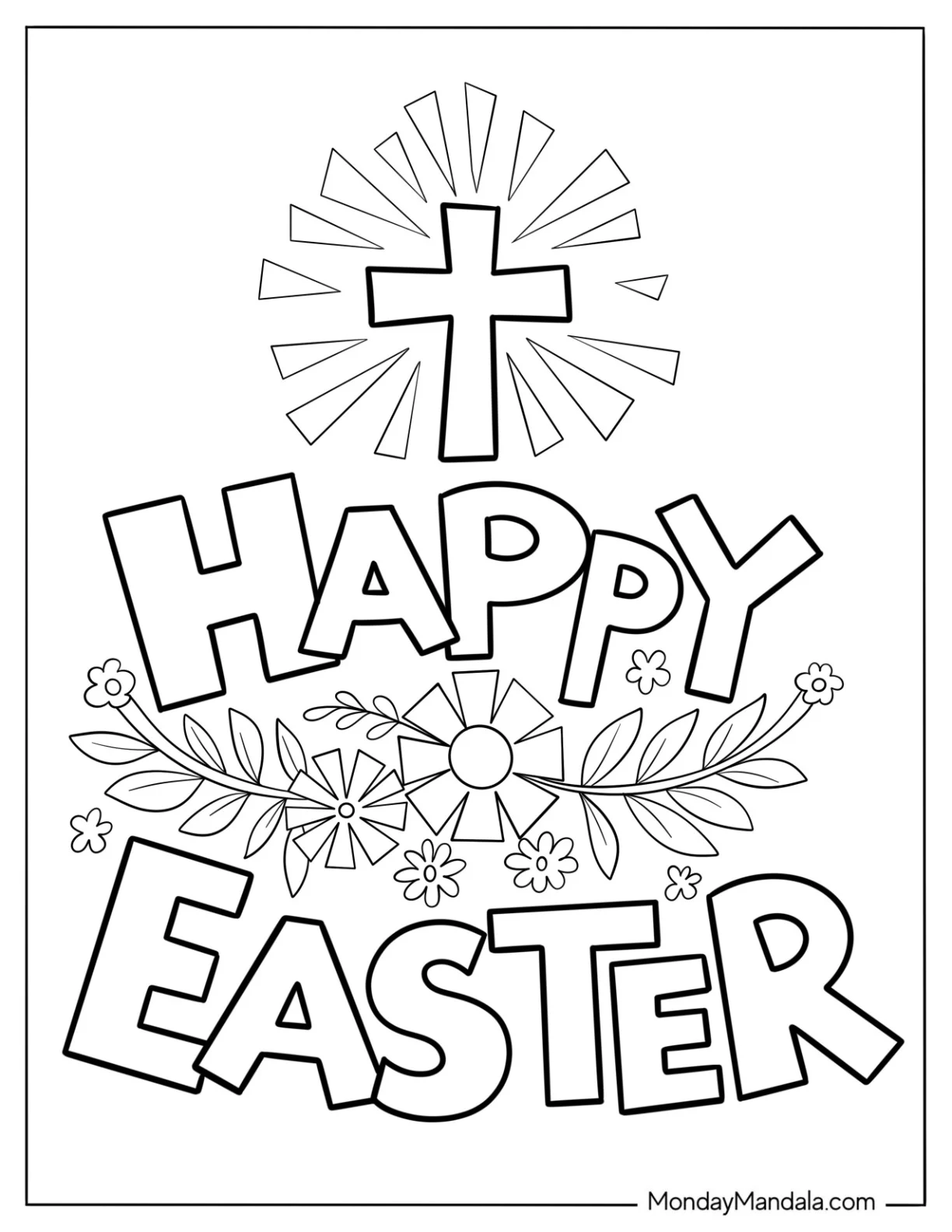 Happy Easter Words With Cross Coloring Page For Kids coloring page — printable line art