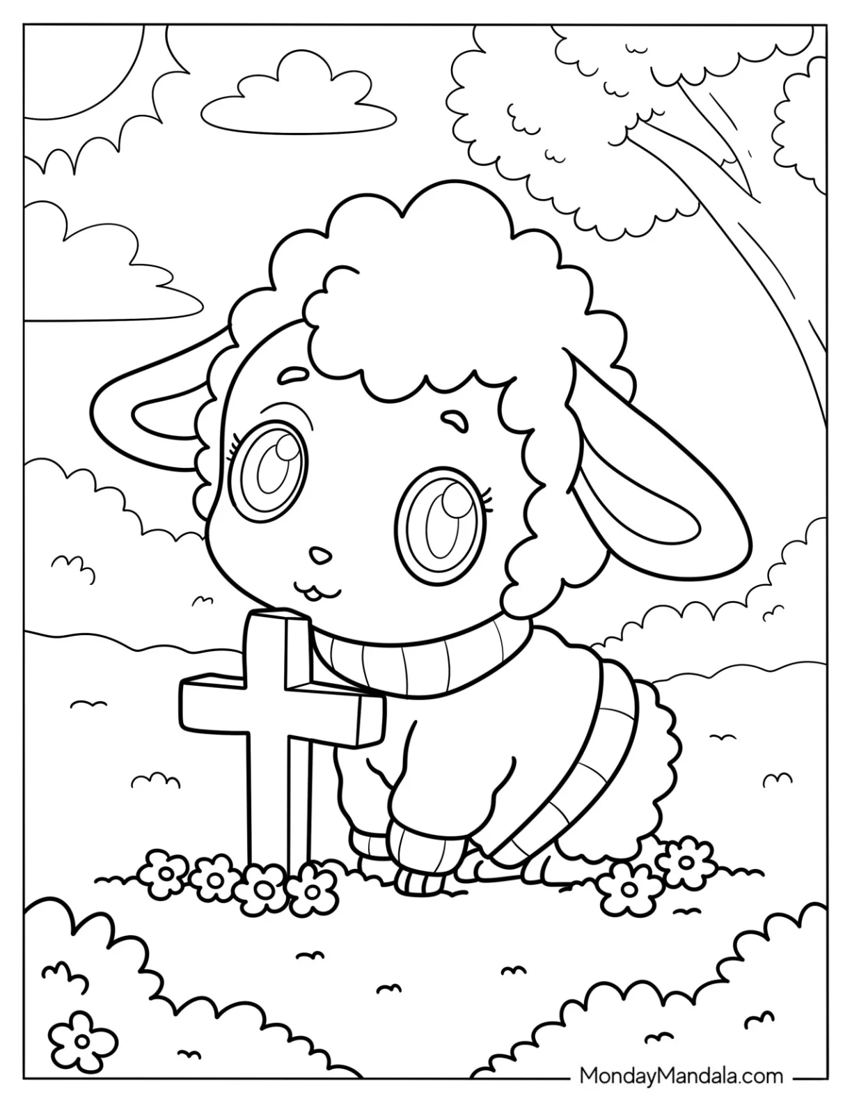 Kawaii Sheep In Sweater Leaning Over A Small Cross Coloring Page For Kids coloring page
