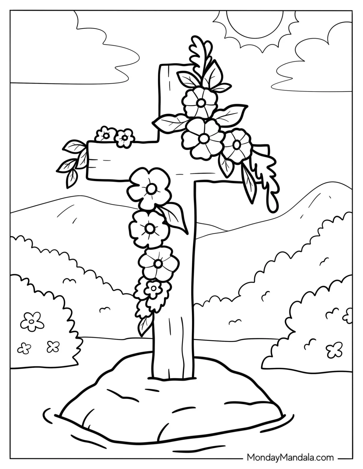 Simple Wooden Cross Coloring Page With Flowers And Leaves Outdoors  For Kids coloring page — printable line art