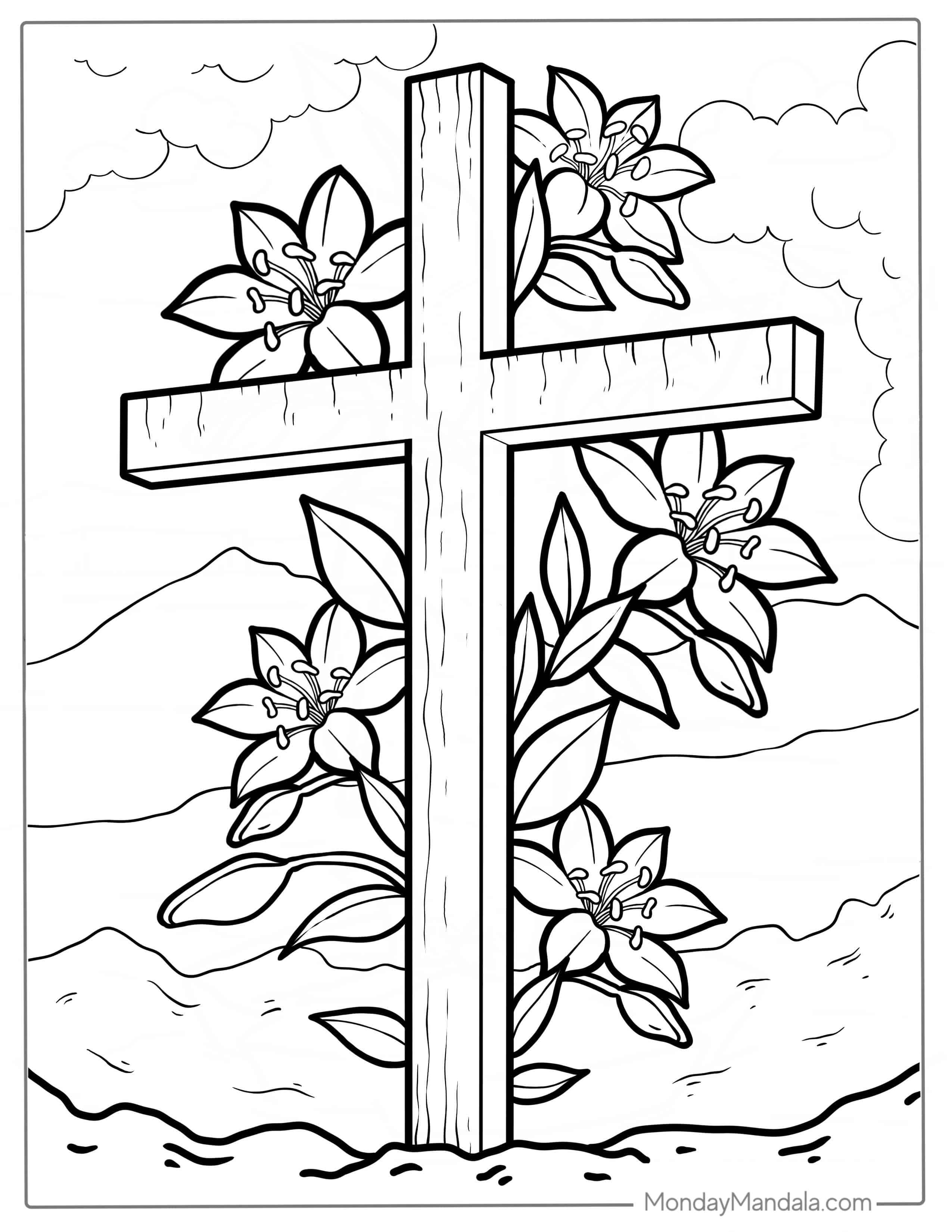 Wooden Easter Cross With Flowers coloring page — printable line art