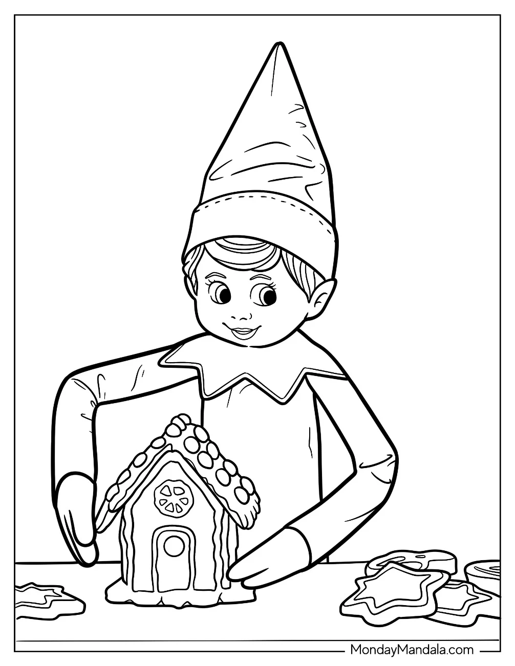 Elf On The Shelf Coloring Page Building a Gingerbread House with Christmas Cookies for Kids coloring page
