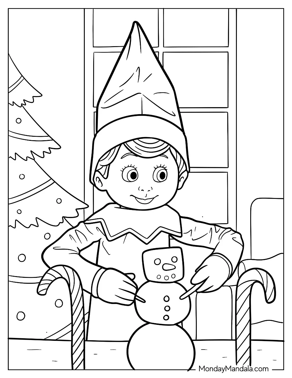 Elf On The Shelf Coloring Page Building a Mini Snowman by Christmas Tree coloring page