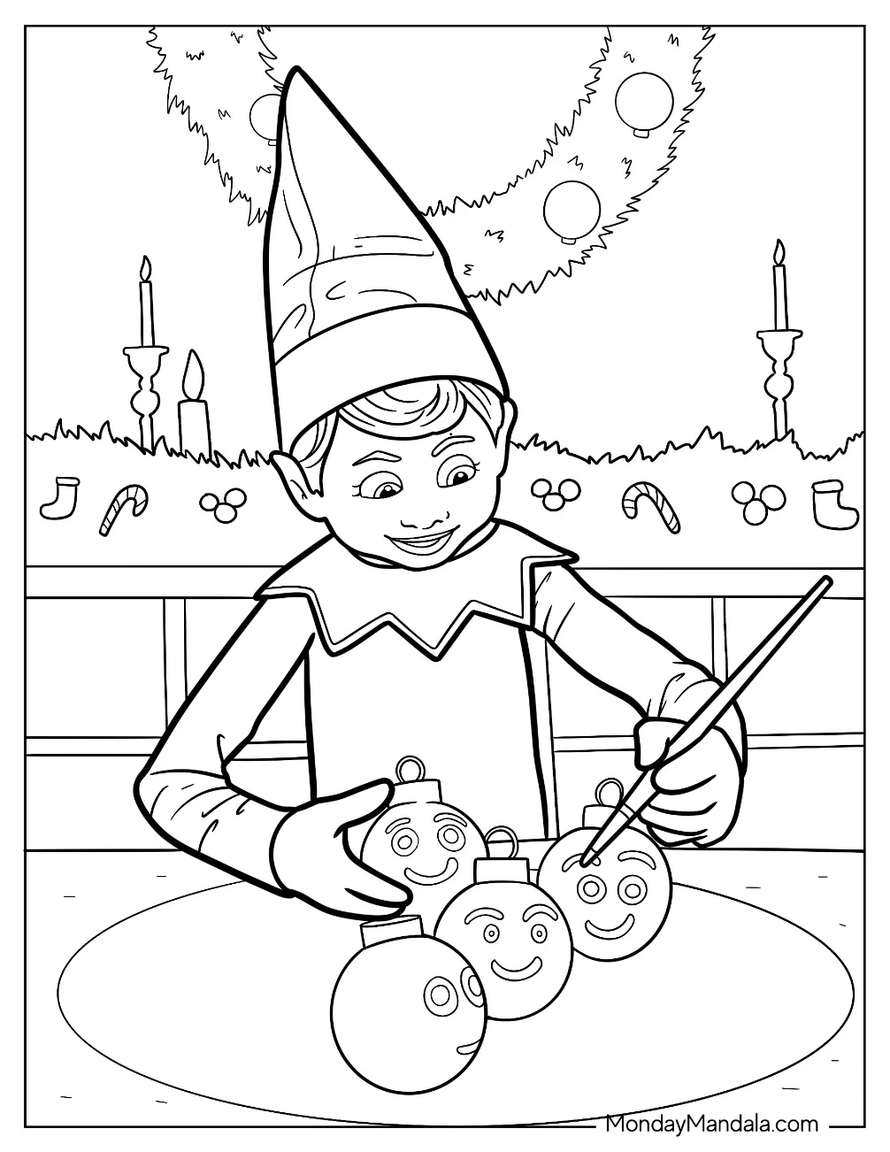 Elf On The Shelf Coloring Page Decorating Baubles for the Holidays coloring page — printable line art