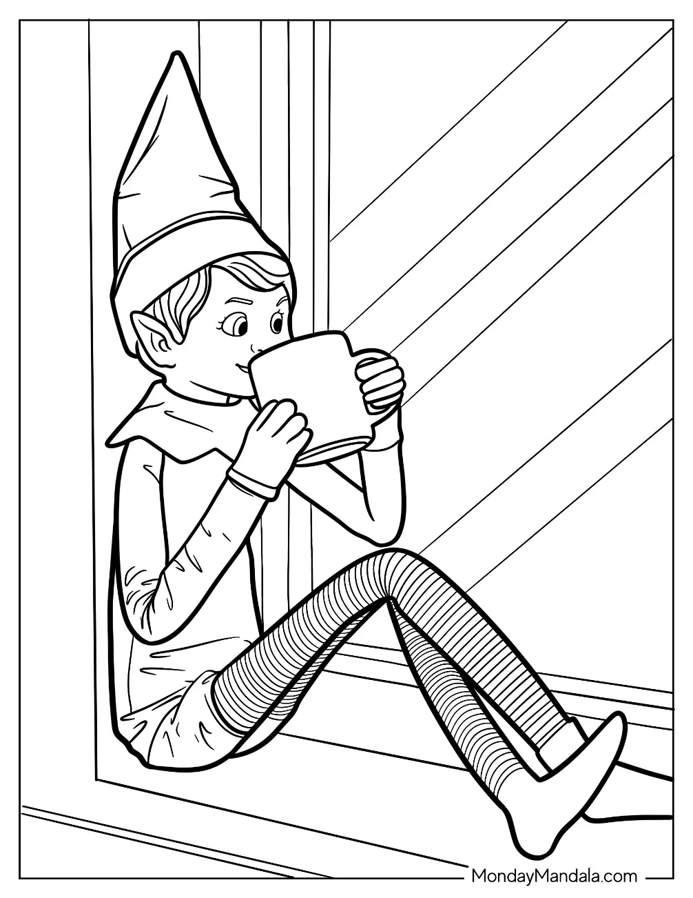 Elf On The Shelf Coloring Page Drinking Hot Cocoa on Snowy Windowsill coloring page