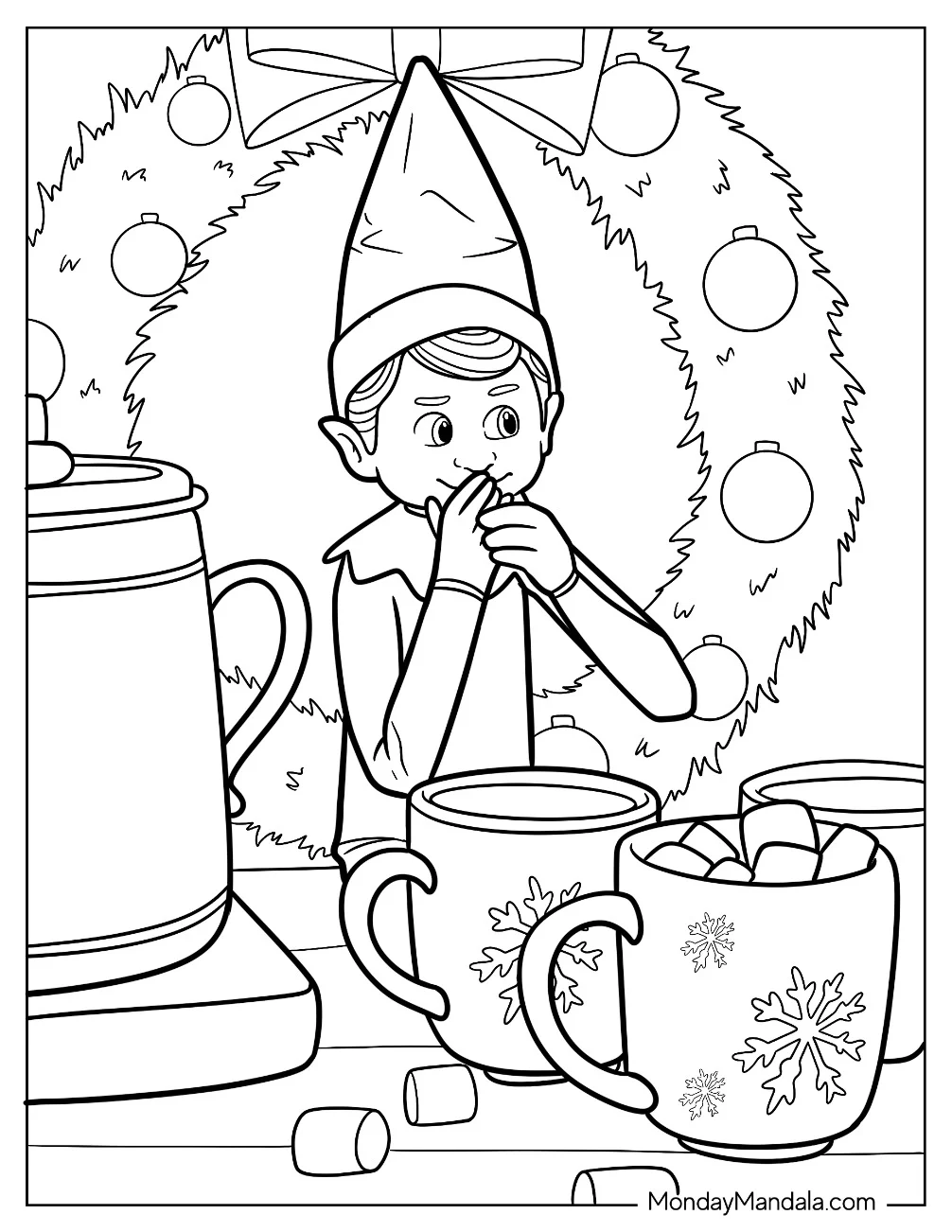 Elf On The Shelf Coloring Page Enjoying Hot Cocoa with Marshmallows for Kids coloring page