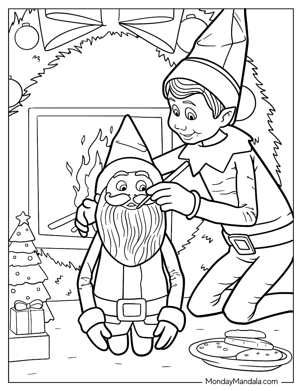 Elf On The Shelf Coloring Page Fixing Santa’s Beard by the Fireplace with Christmas Cookies coloring page