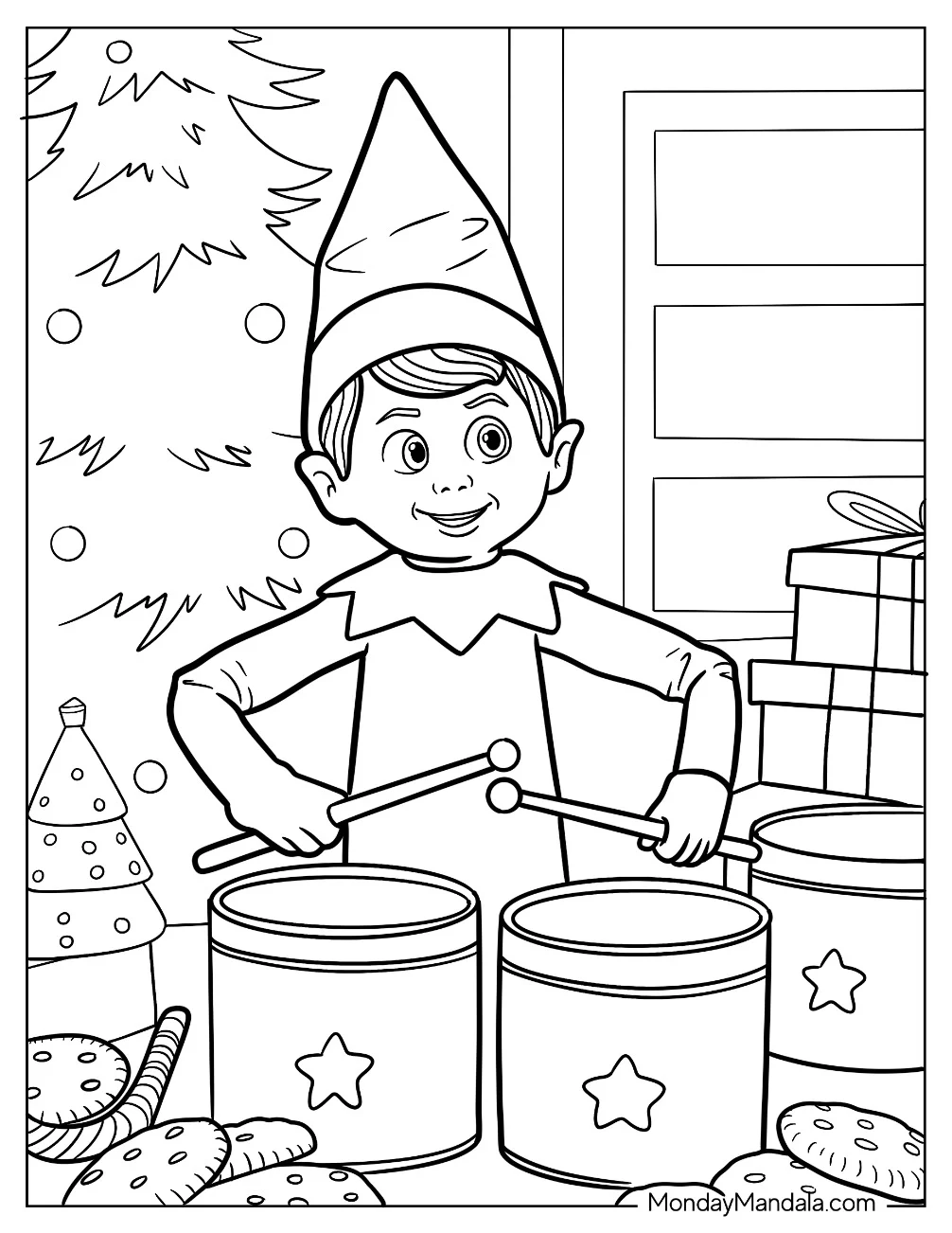 Elf On The Shelf Coloring Page Playing Christmas Drums while Surrounded by Cookies and Tree coloring page