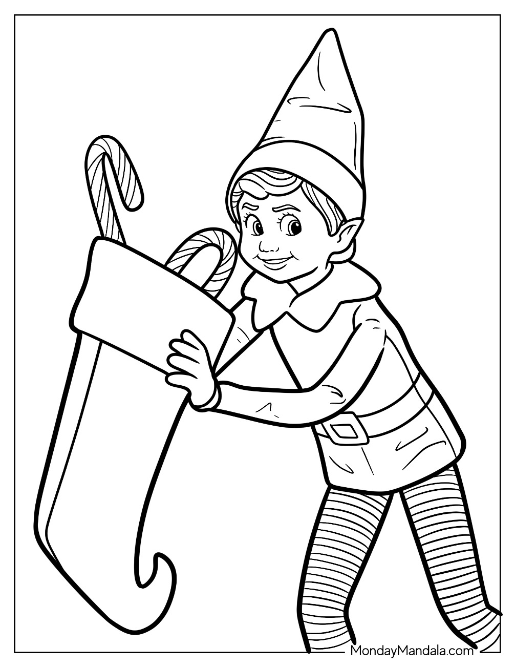 Elf On The Shelf Coloring Page Reaching into Christmas Stocking with Candy Canes coloring page — printable line art