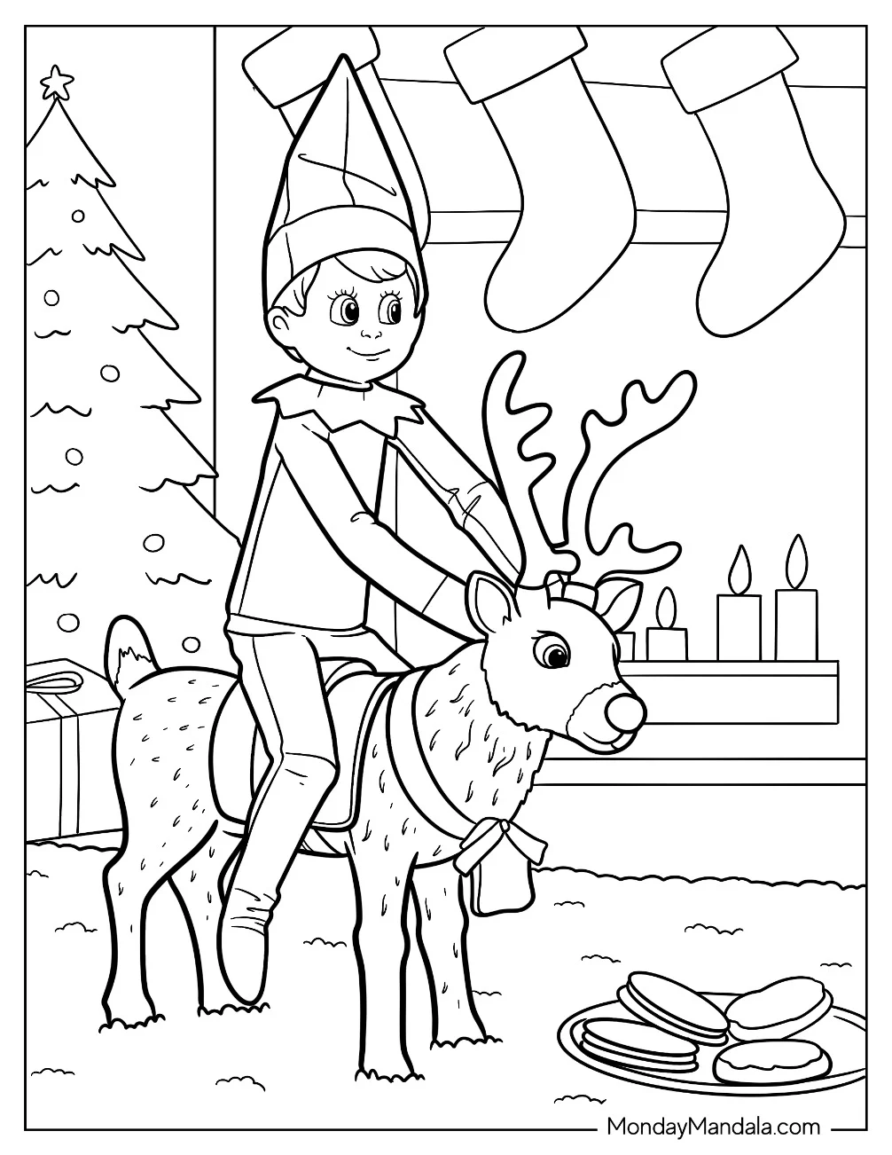 Elf On The Shelf Coloring Page Riding a Reindeer by Fireplace and Christmas Tree coloring page — printable line art