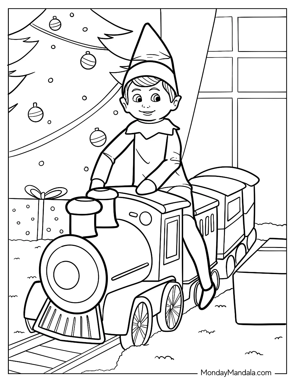 Elf On The Shelf Coloring Page Riding Toy Train by Christmas Tree coloring page